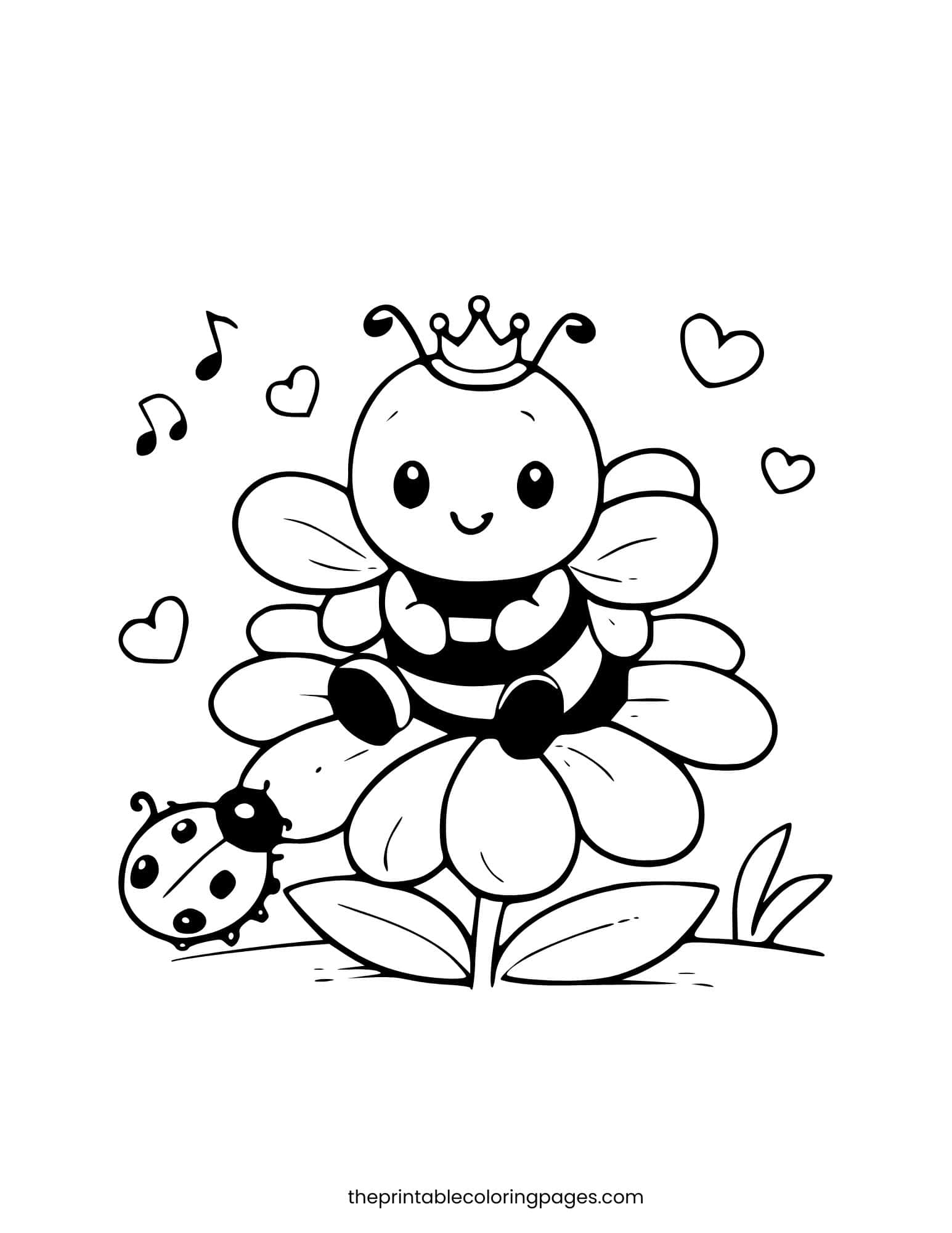 Bee wearing a crown sitting on a flower with a ladybug nearby.