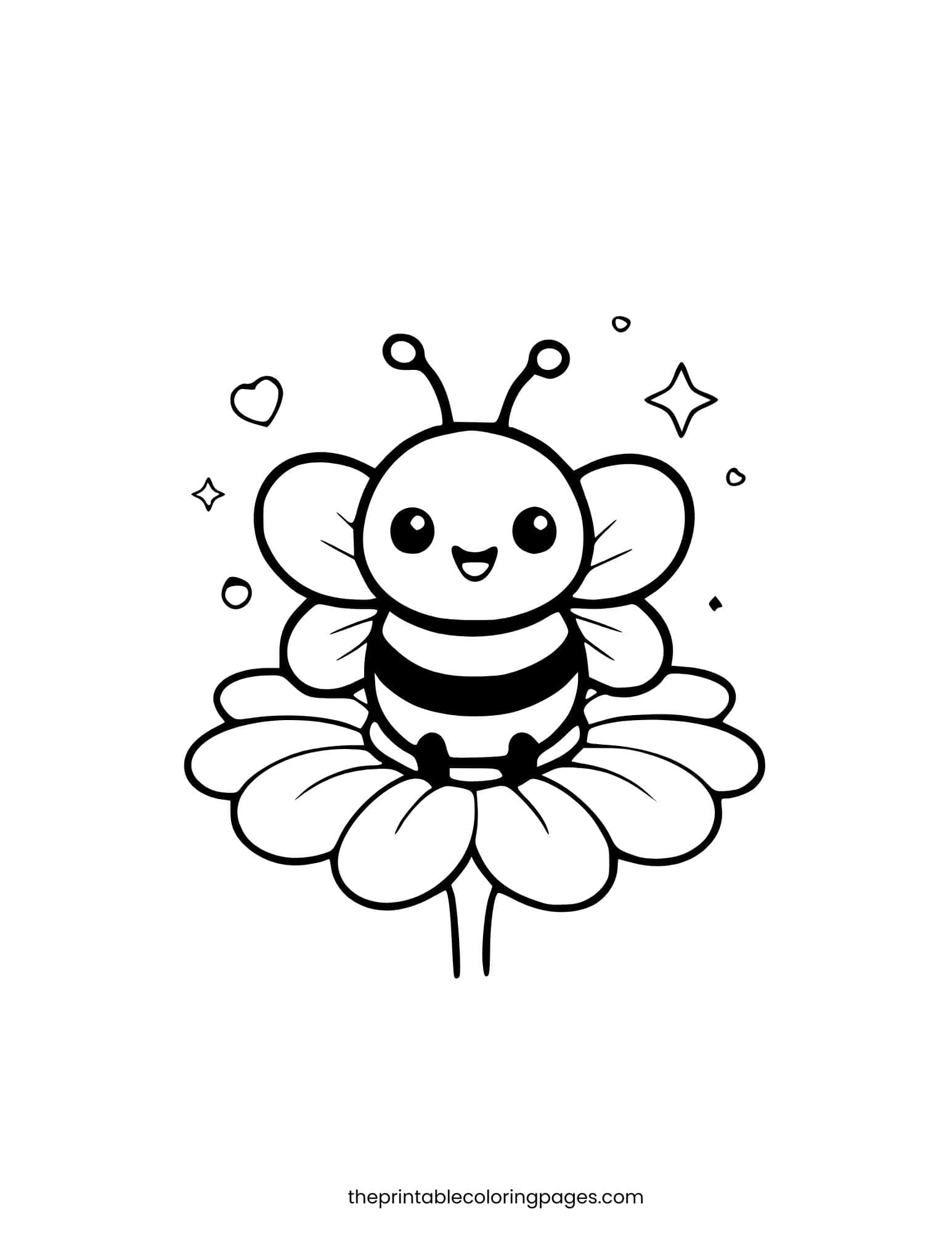 Cute bee sitting on a large flower with thick outlines.