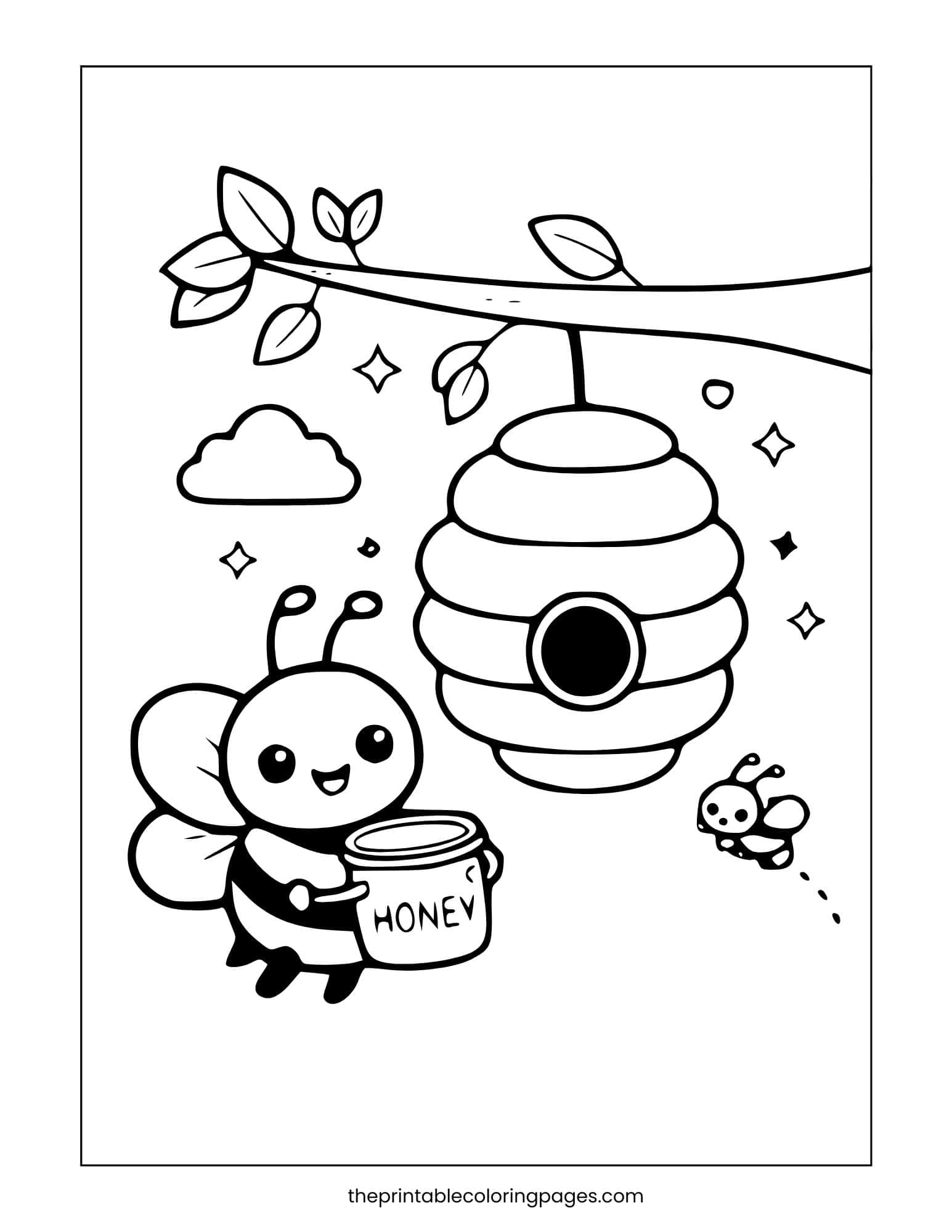 Bee holding a honey pot near a hive hanging from a branch.