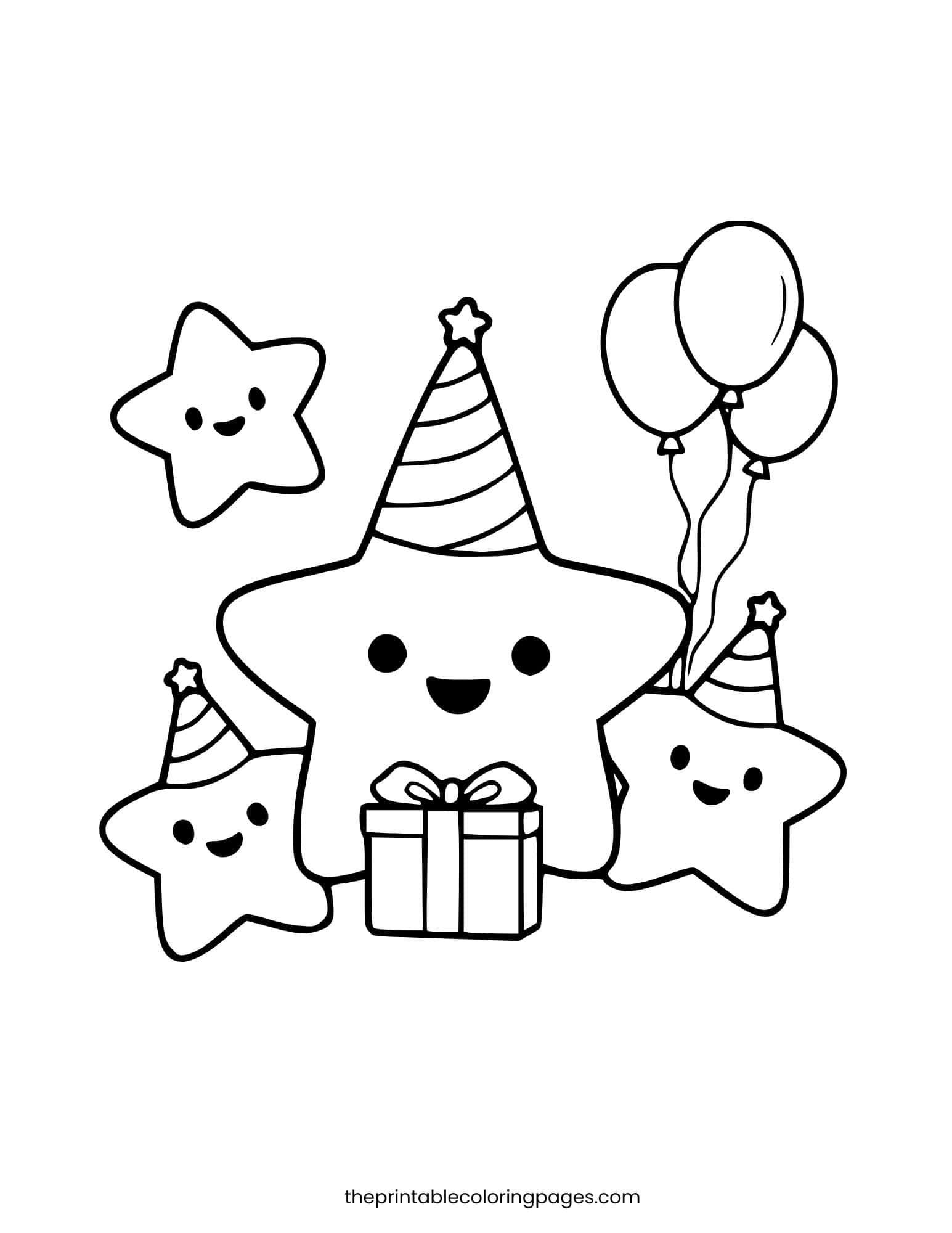 Group of stars wearing party hats with a gift and balloons, clean white background.