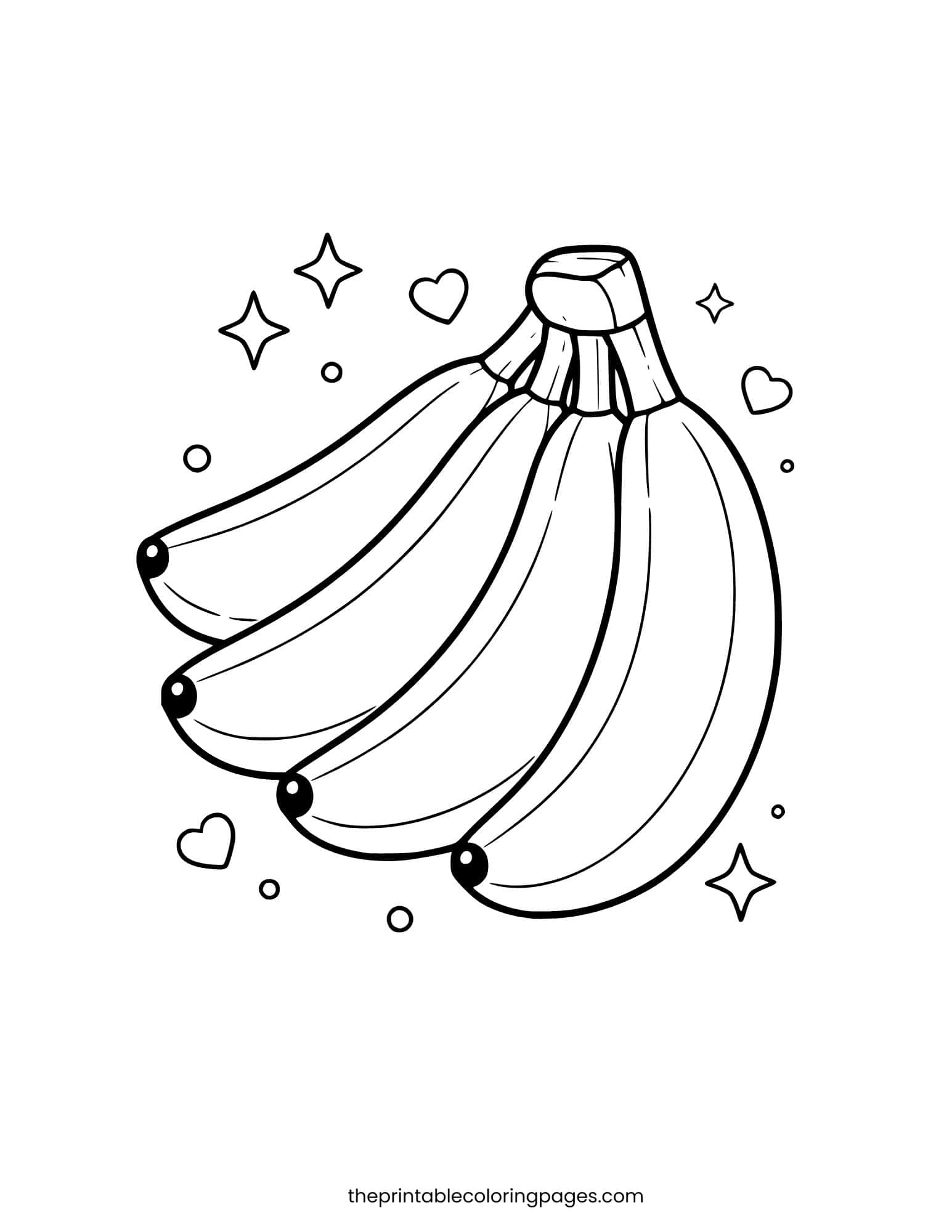 A bunch of four bananas with thick outlines and simple heart and star decorations.