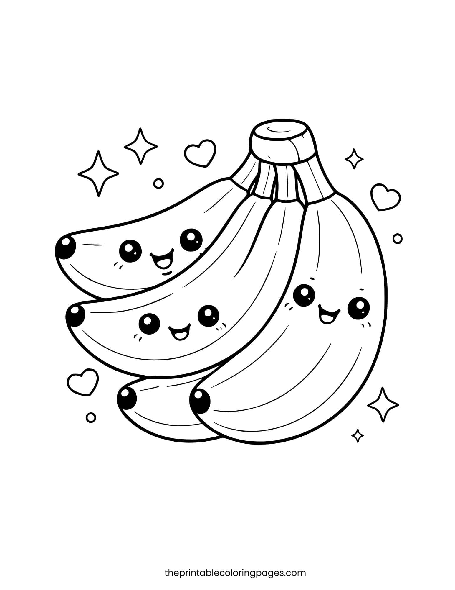 A bunch of bananas where each fruit has a cute smiling face. Clean white background.