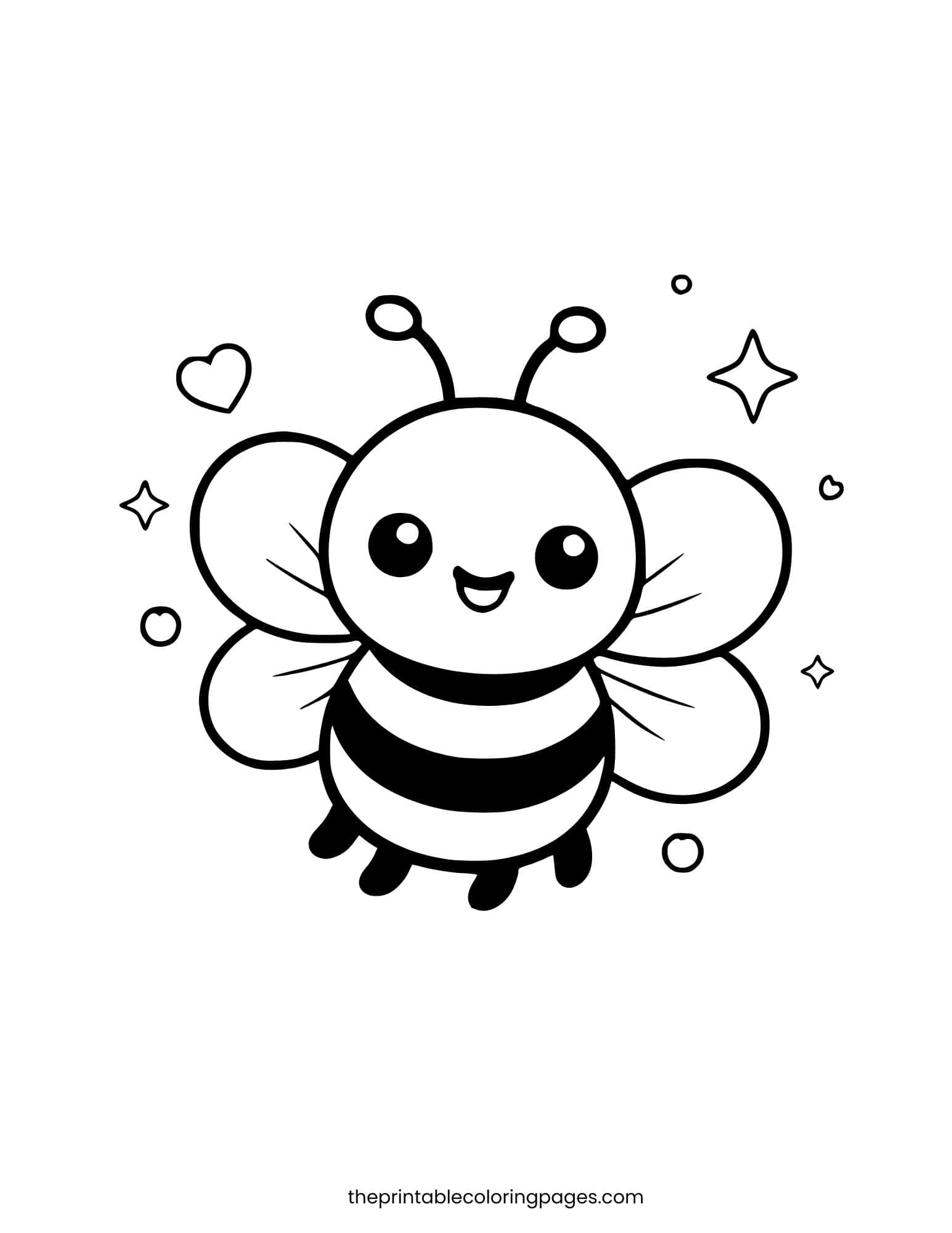 Friendly bee surrounded by hearts and stars on a white background.