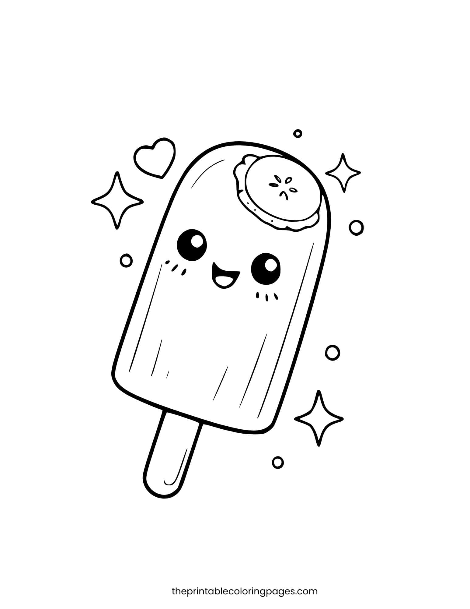 Cute kawaii banana popsicle with thick outlines and a happy face on a clean white background.