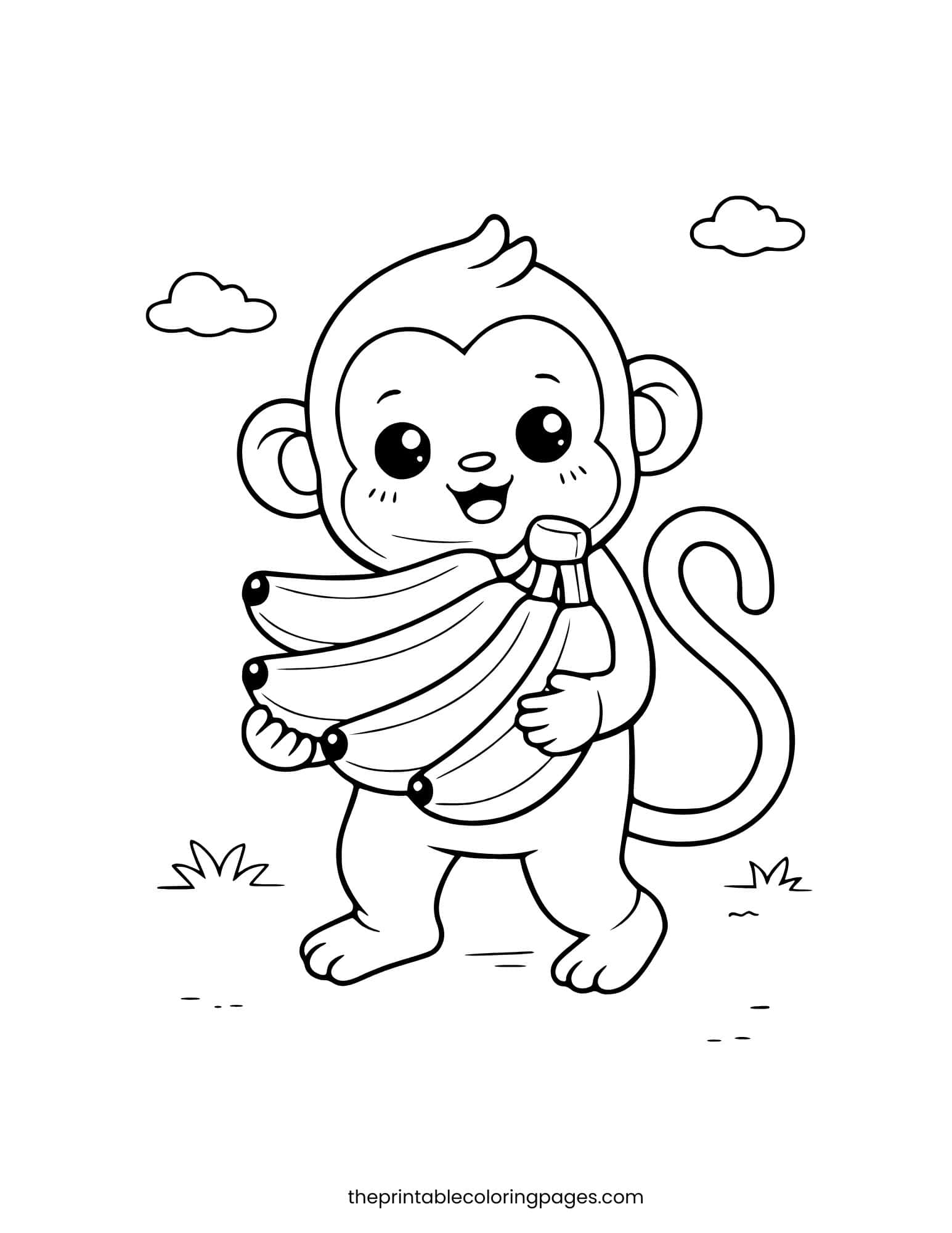 Cute preschool-style monkey holding a large bunch of bananas with thick outlines.