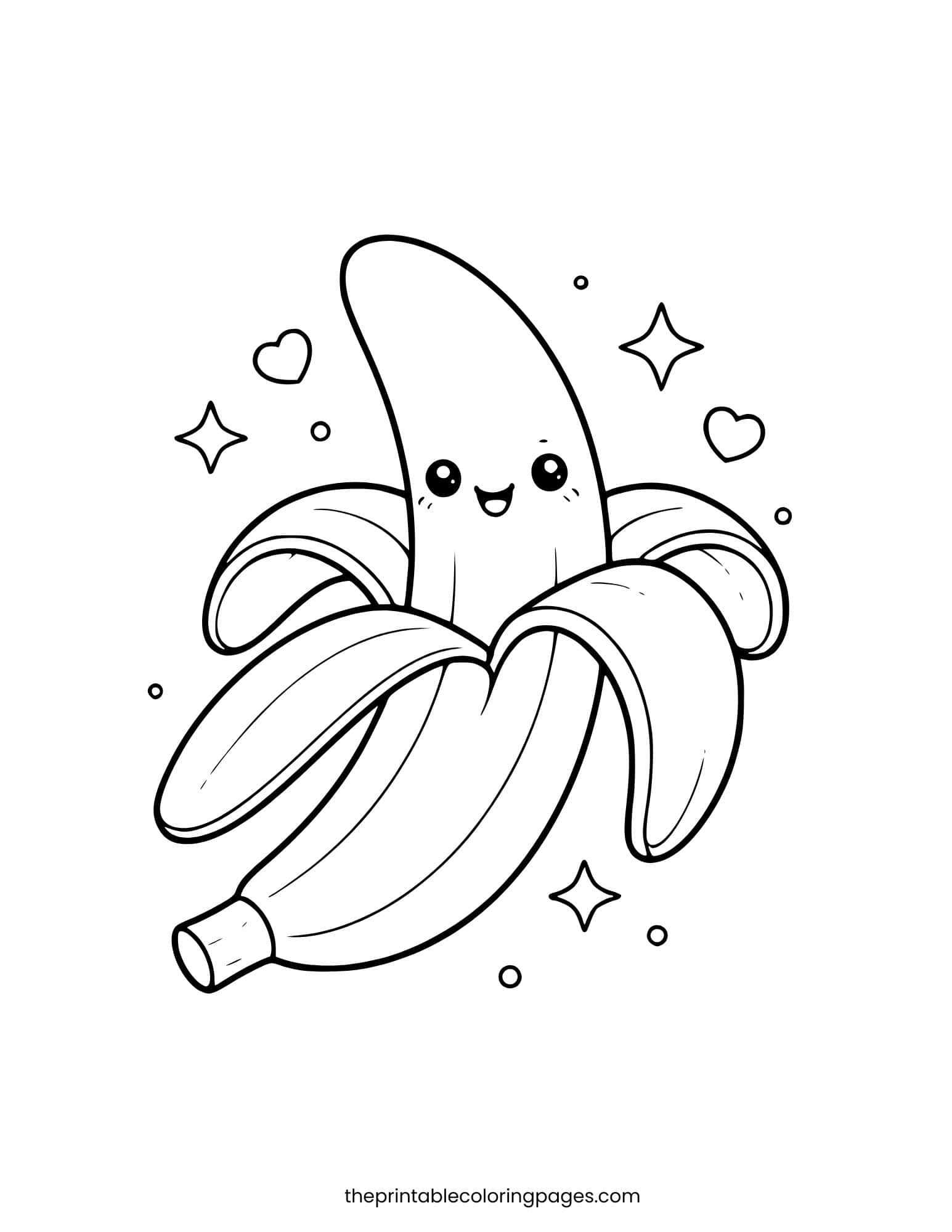 A cute peeled banana character with a happy face, stars, and hearts. Thick outlines.