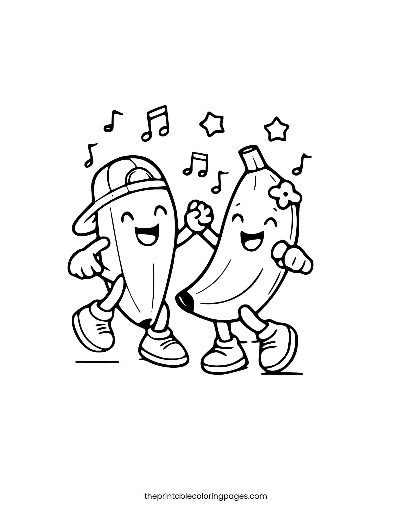 Two cute dancing banana characters with musical notes and simple thick lines.