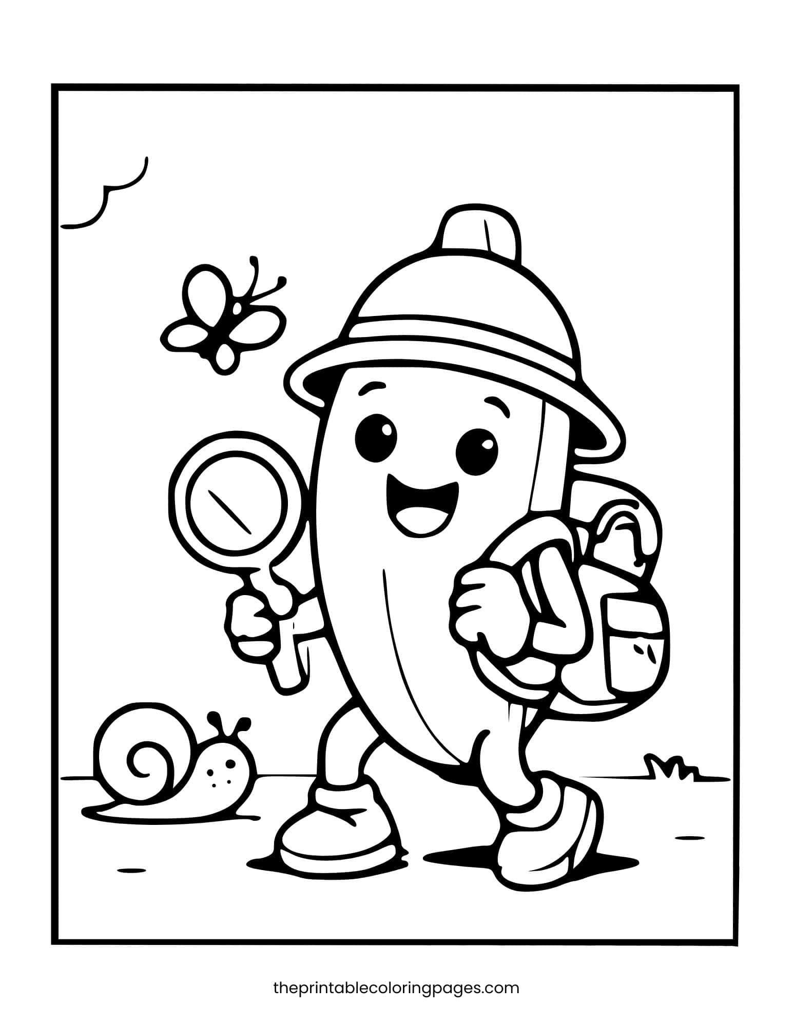 Explorer banana character with a hat, magnifying glass, and backpack for kids.
