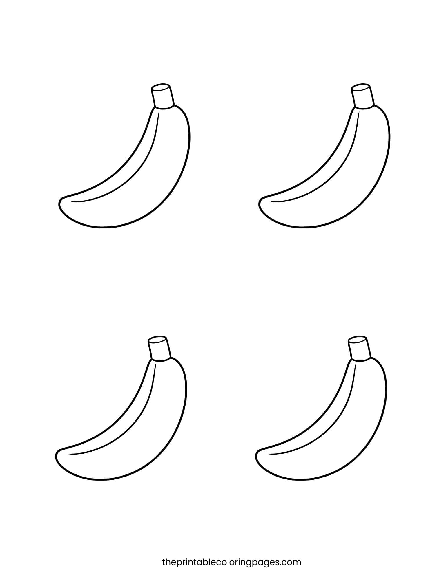 Four simple bananas arranged in a grid for preschool math and coloring.
