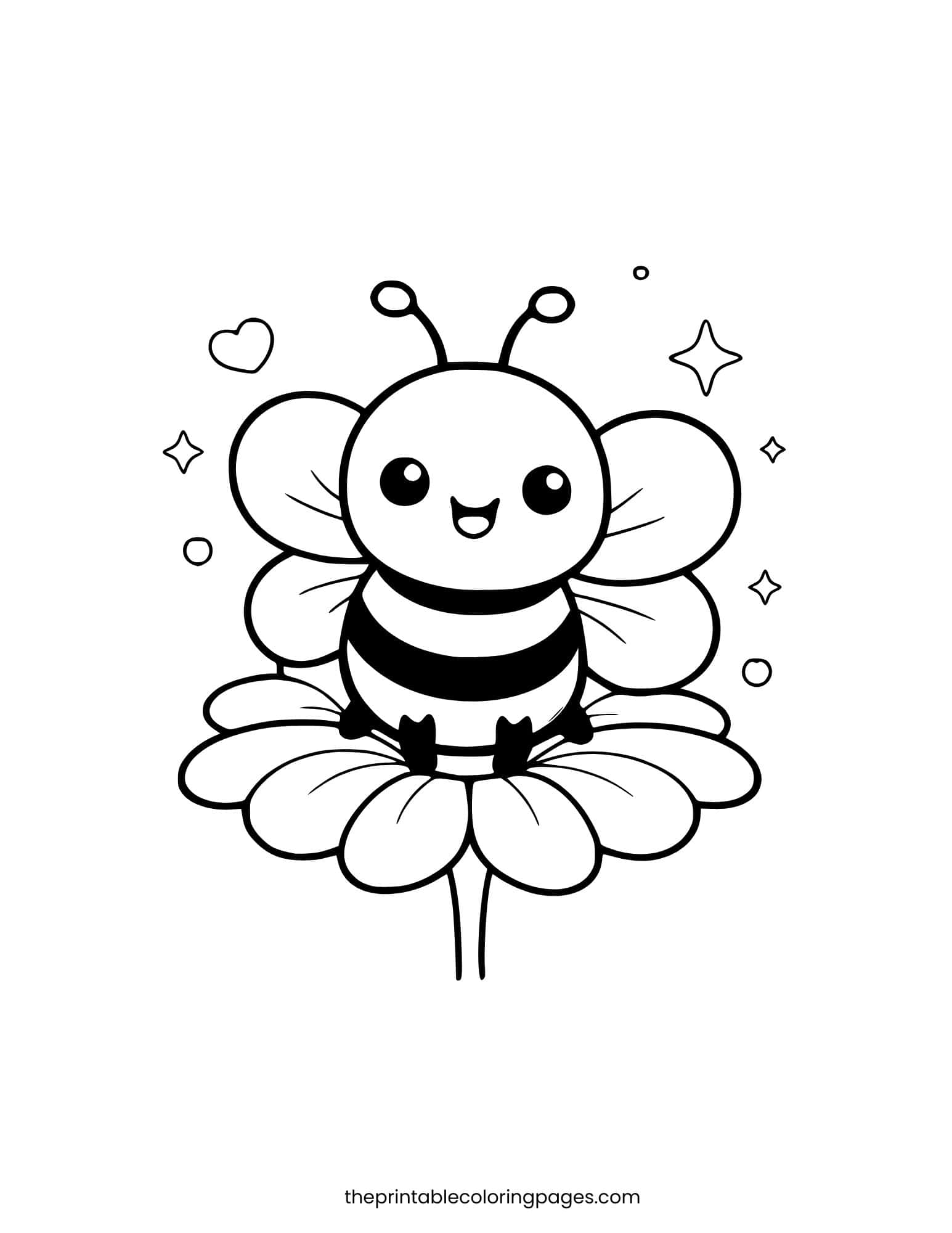 Happy bee with thick outlines sitting on top of a flower.