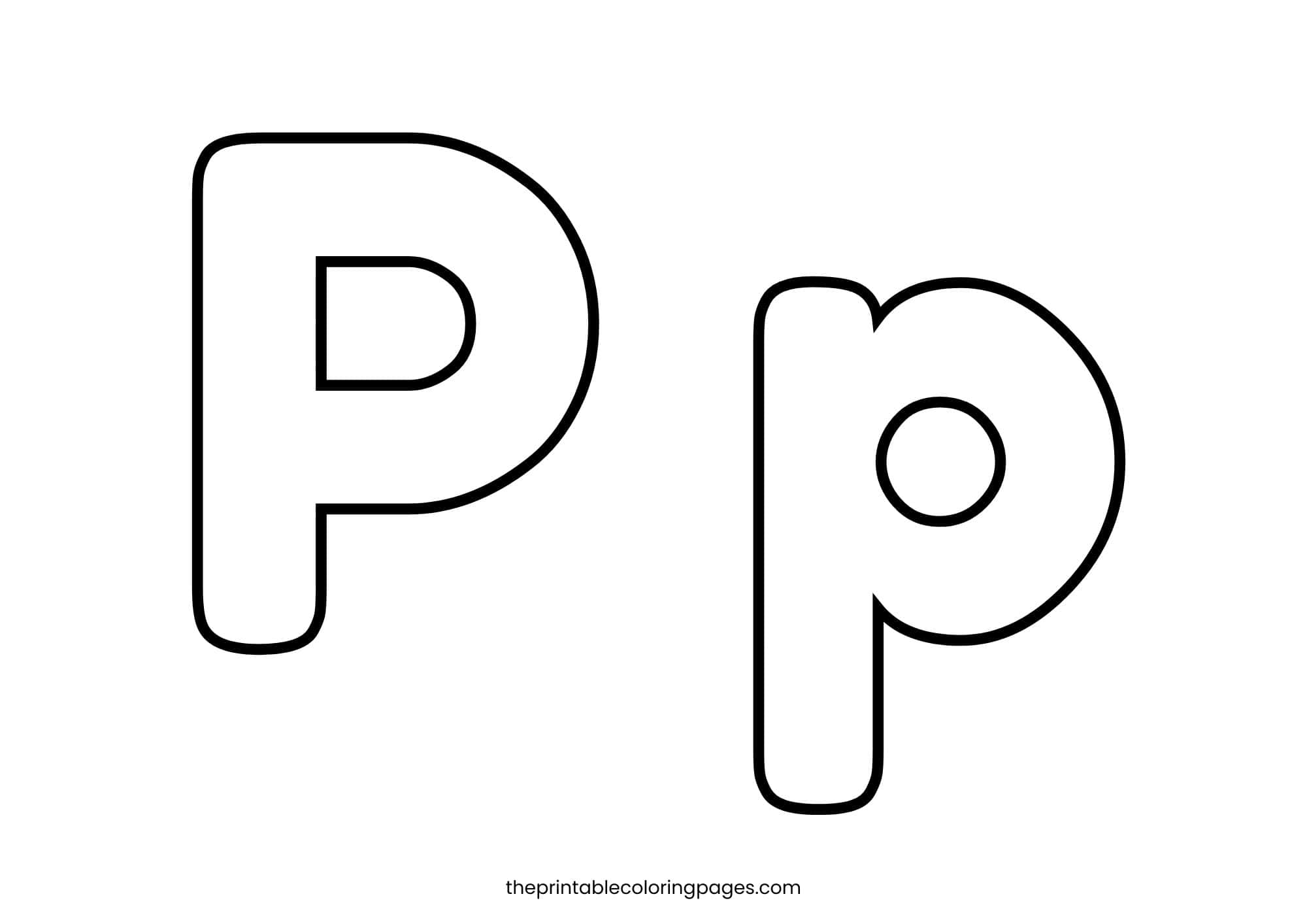 Simple letter P with bold outlines and large coloring spaces for kids.
