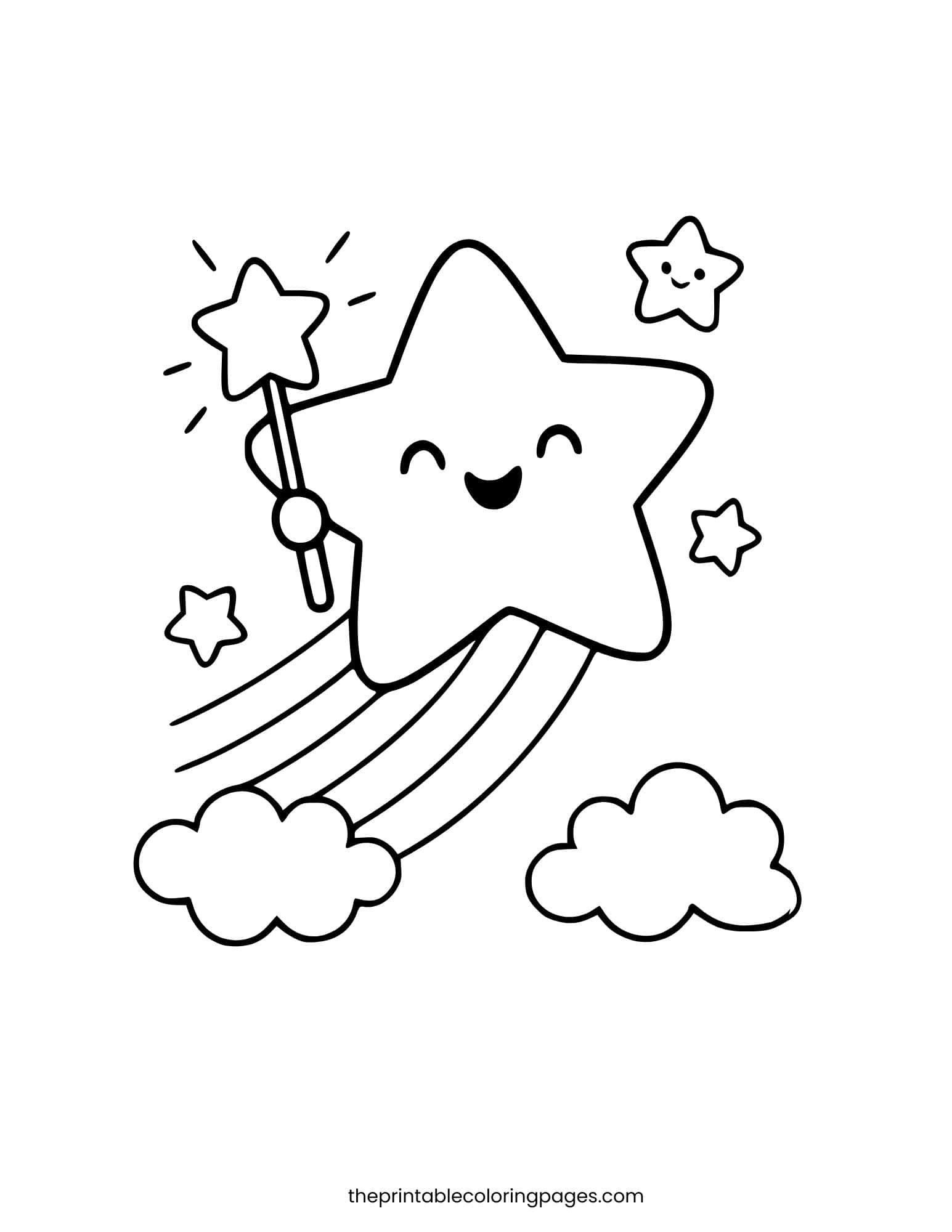 Cute star holding a wand on a rainbow with clouds. Simple shapes and thick outlines.