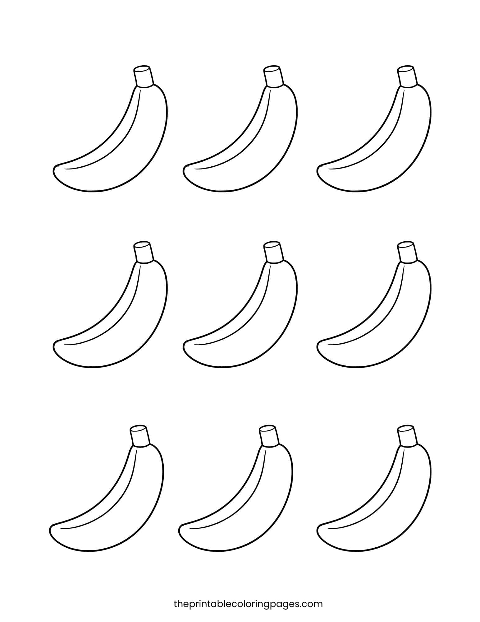 Nine small bananas in rows for counting practice and fine motor coloring.