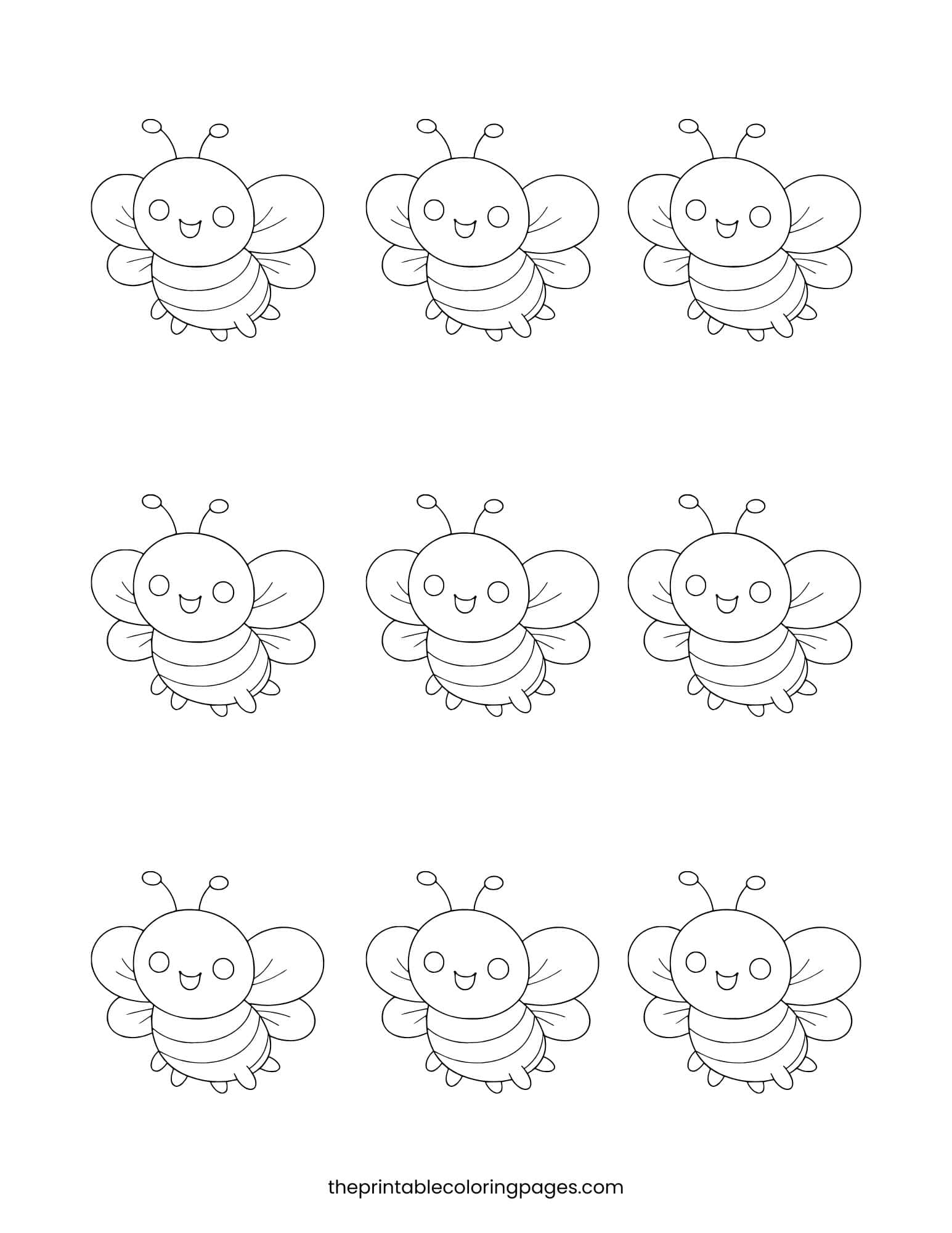 Nine small bees in a grid for counting and coloring.