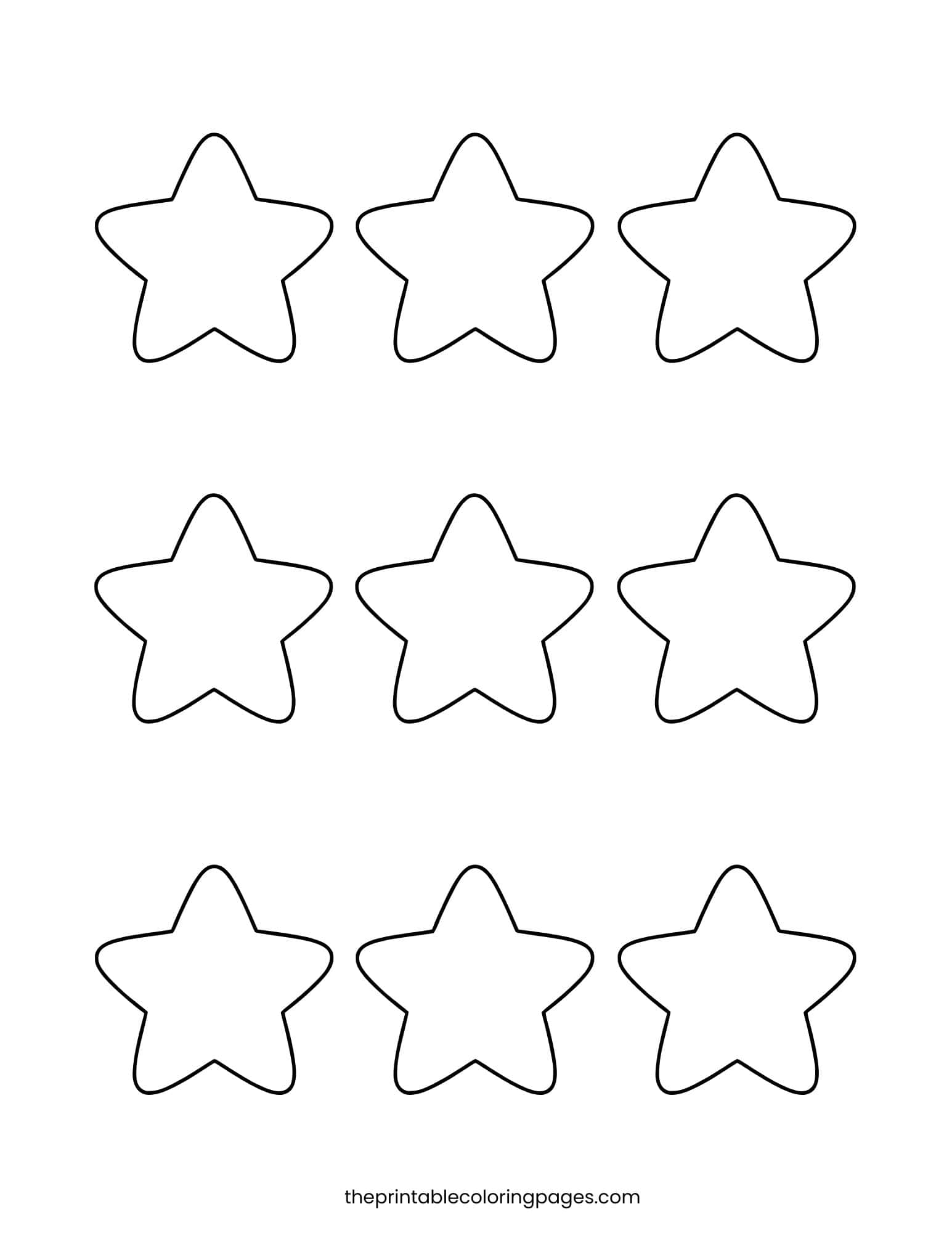 Nine small blank star templates with thick borders for early learning activities.