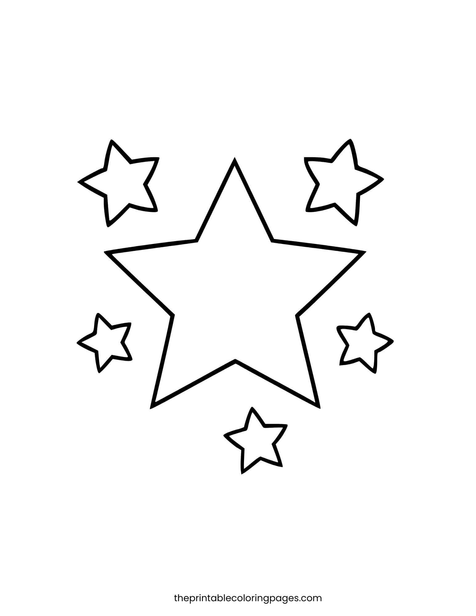 Large sharp star with four smaller star friends. Clean white background and thick lines.