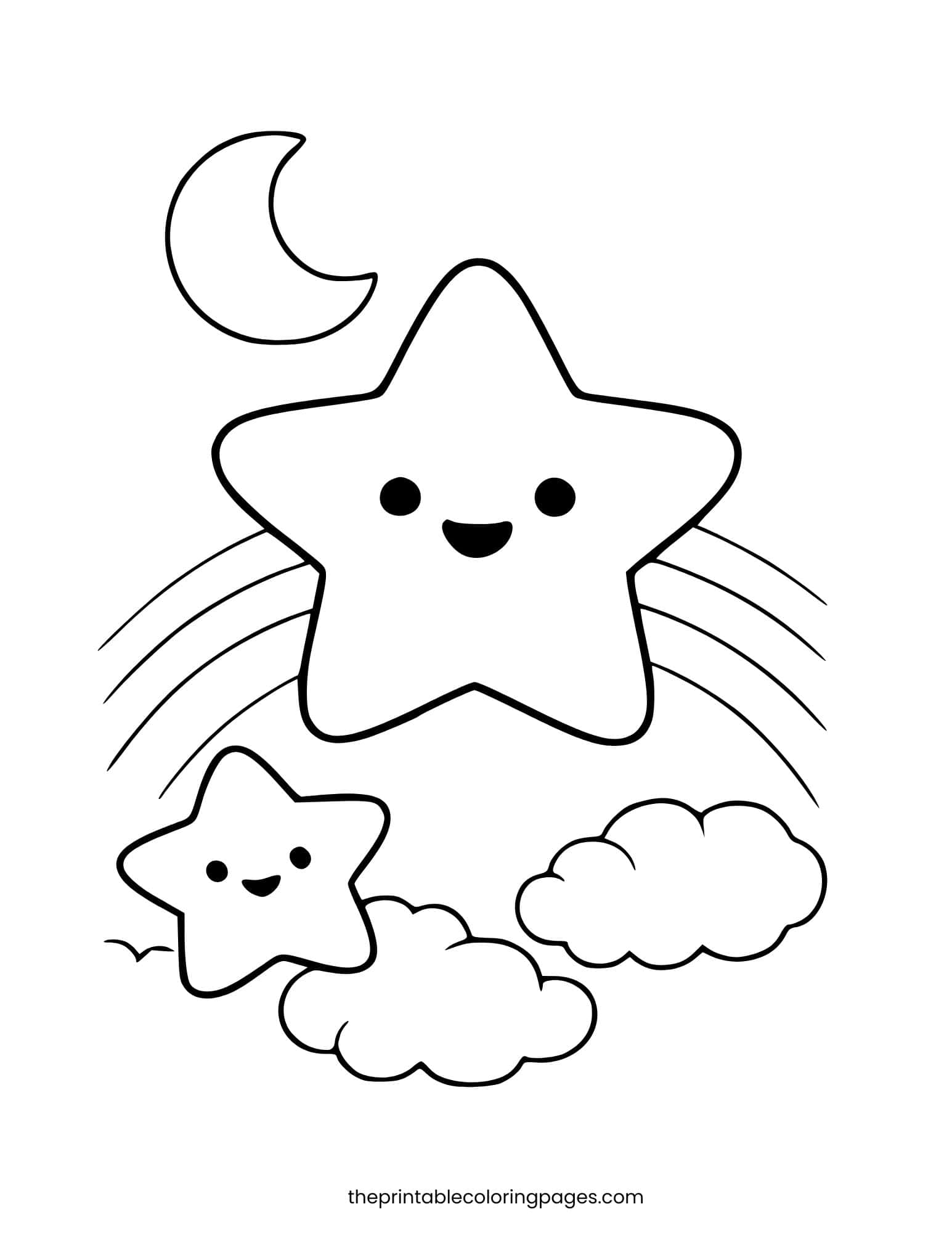 Shooting star with a trail, moon, and clouds, simple shapes for easy coloring.