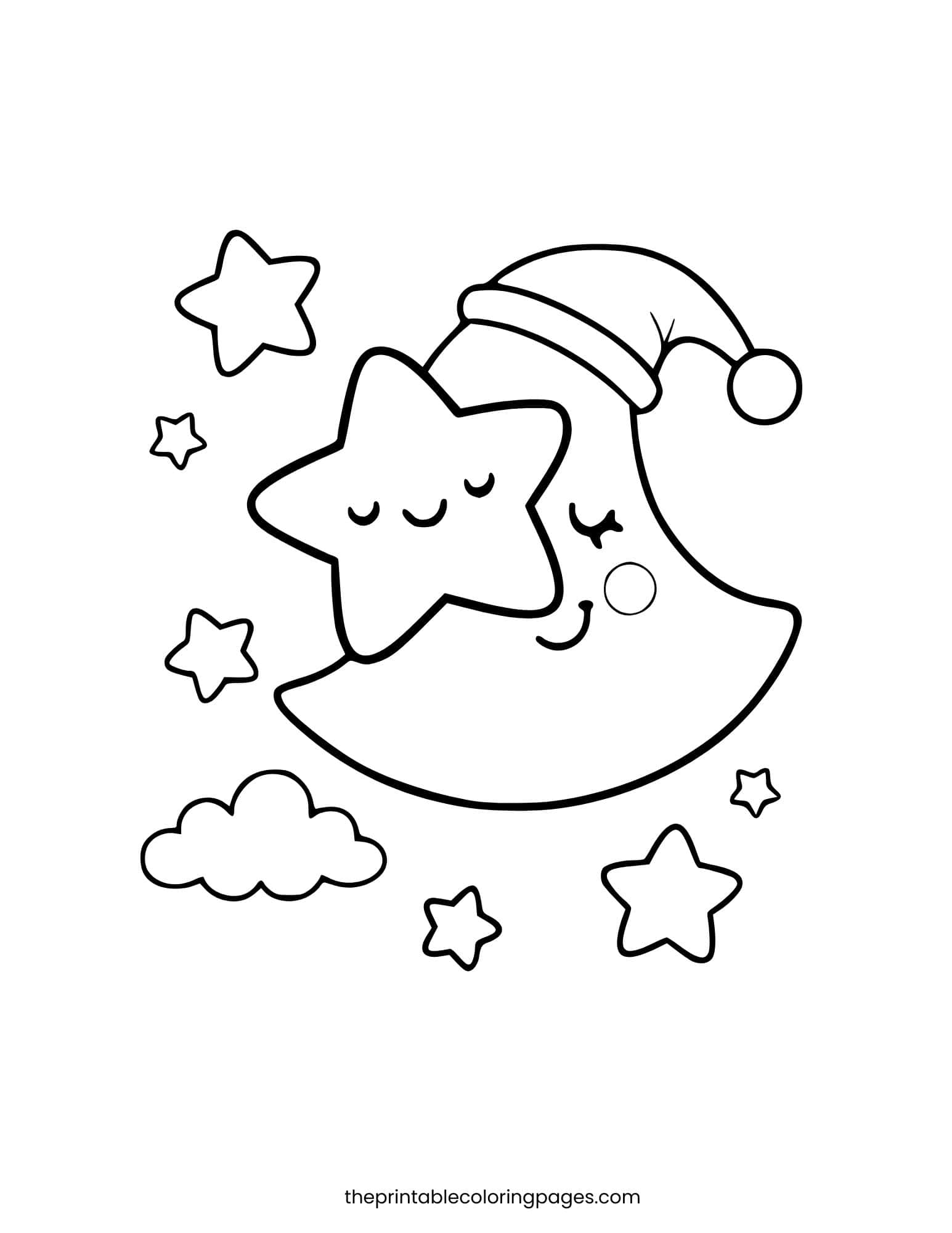 Sleeping moon with a nightcap holding a star. Preschool-friendly with thick outlines.