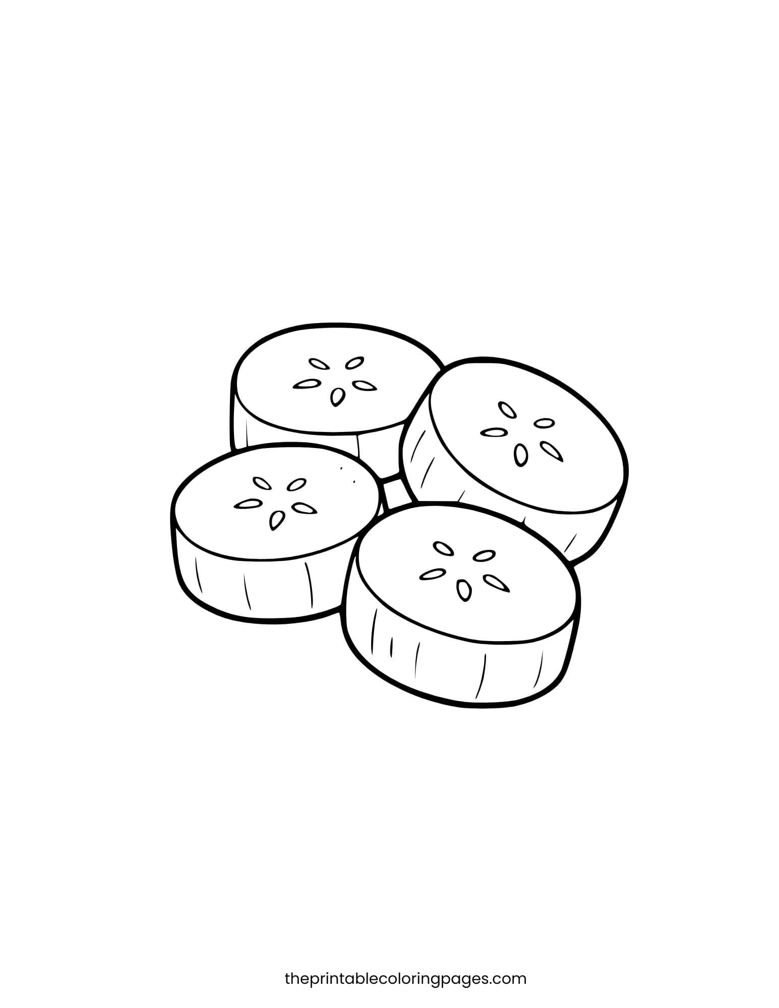 Sliced banana pieces with thick outlines and simple shapes for easy toddler coloring.