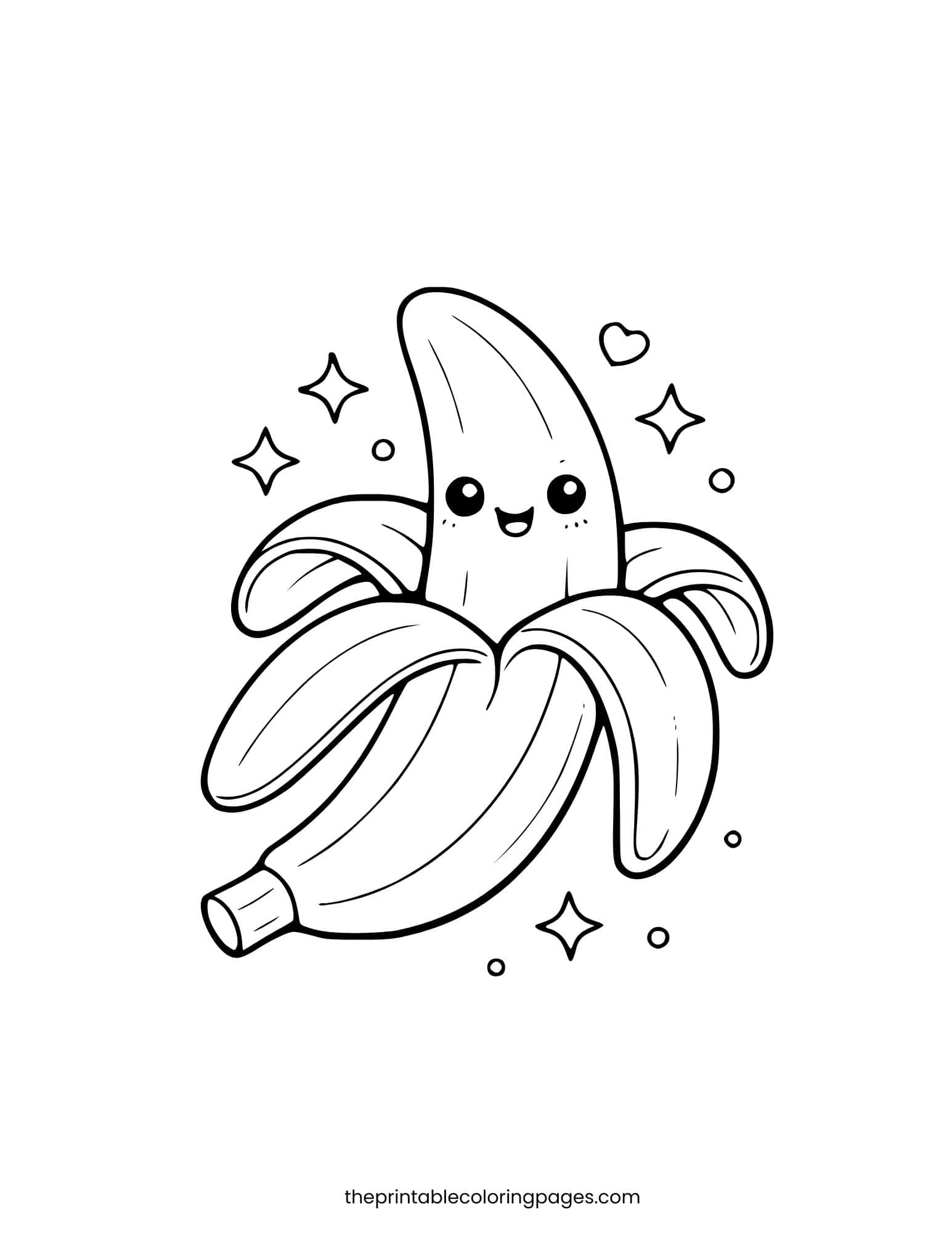 A simple smiling peeled banana with decorative sparkles and hearts. Thick lines.