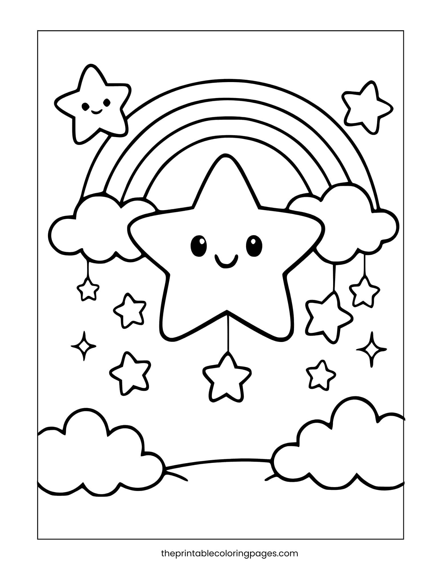 Star hanging from a rainbow with dangling stars and clouds, simple design.