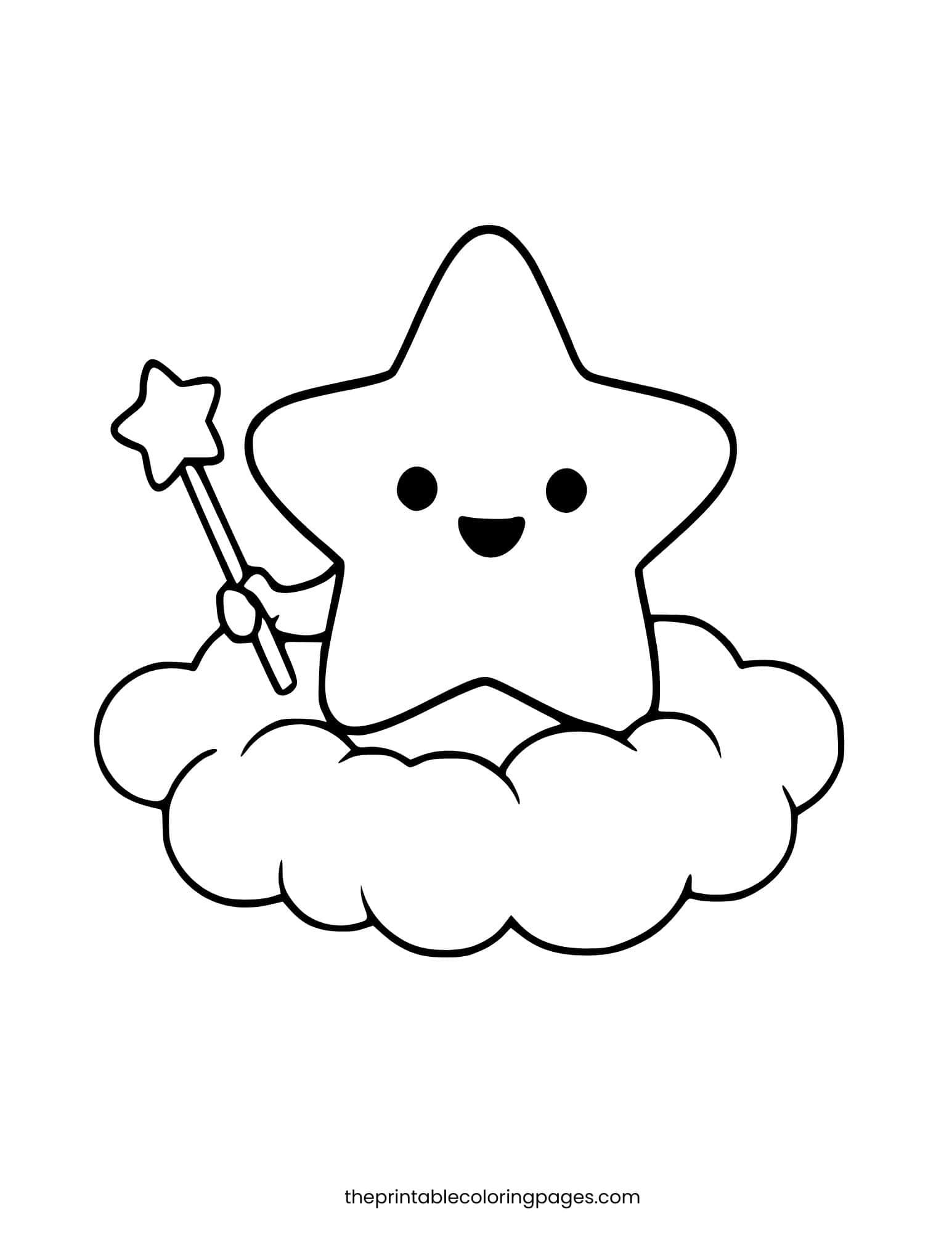 Adorable star holding a magic wand sitting on a fluffy cloud, thick outlines.