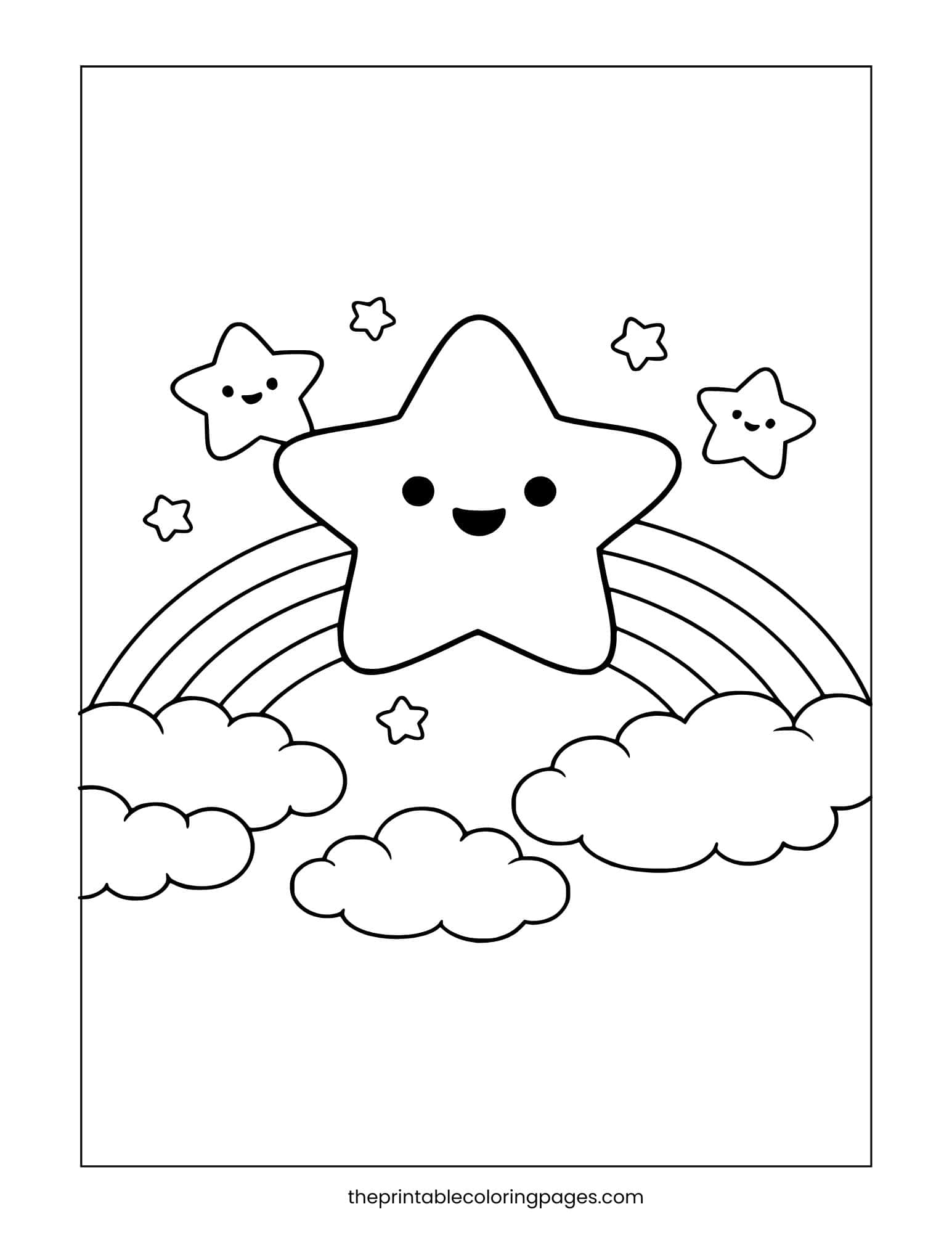 Cute star character on top of a rainbow with clouds, preschool-friendly style.