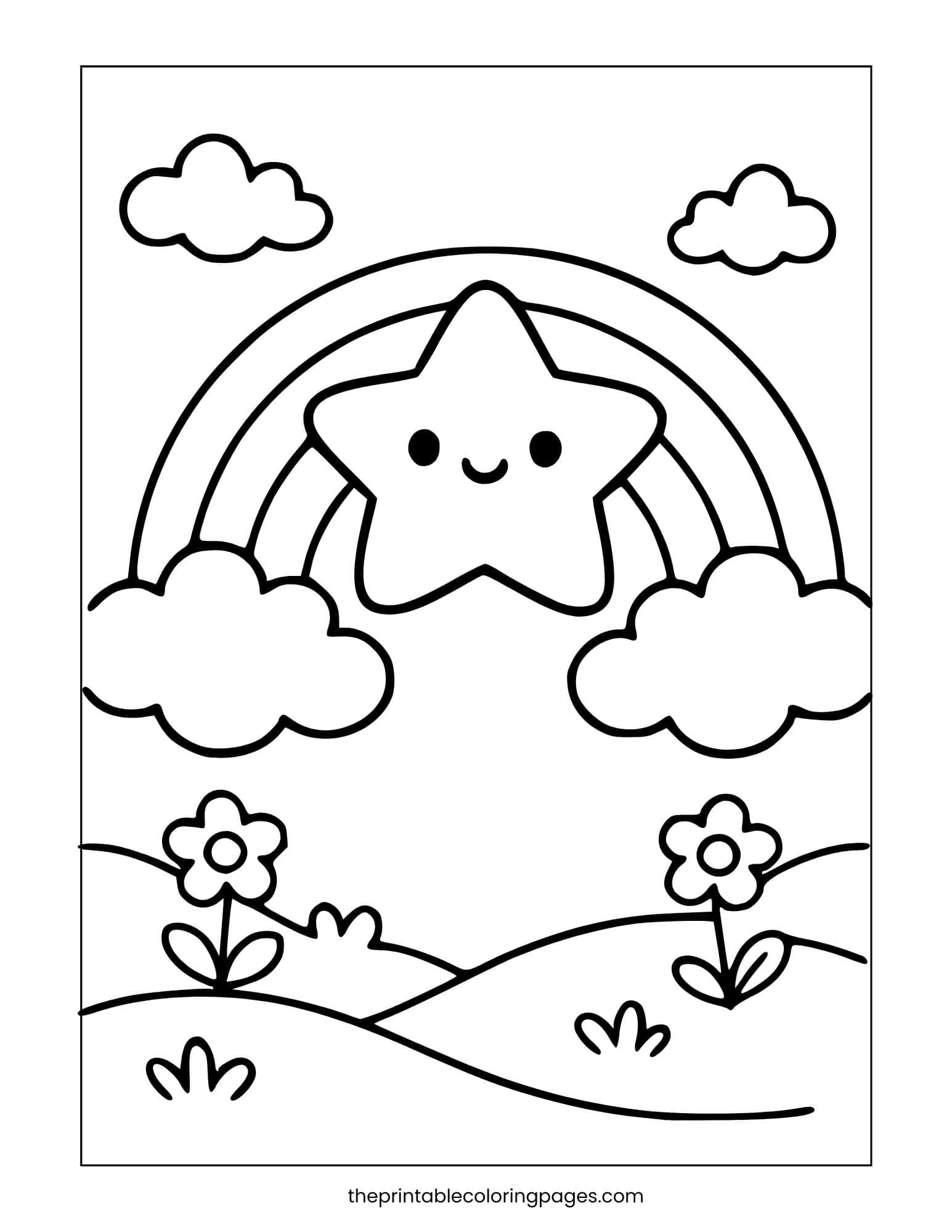 Star over a rainbow with a garden of flowers below, clean white background.