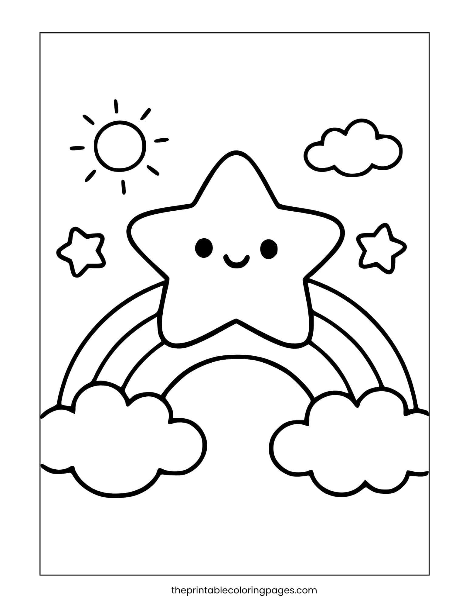 Simple star over a rainbow with a sun and clouds, thick outlines.