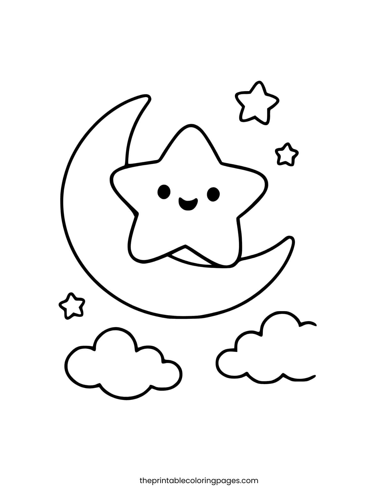 Happy star sitting on a crescent moon with clouds. Clean white background and thick lines.