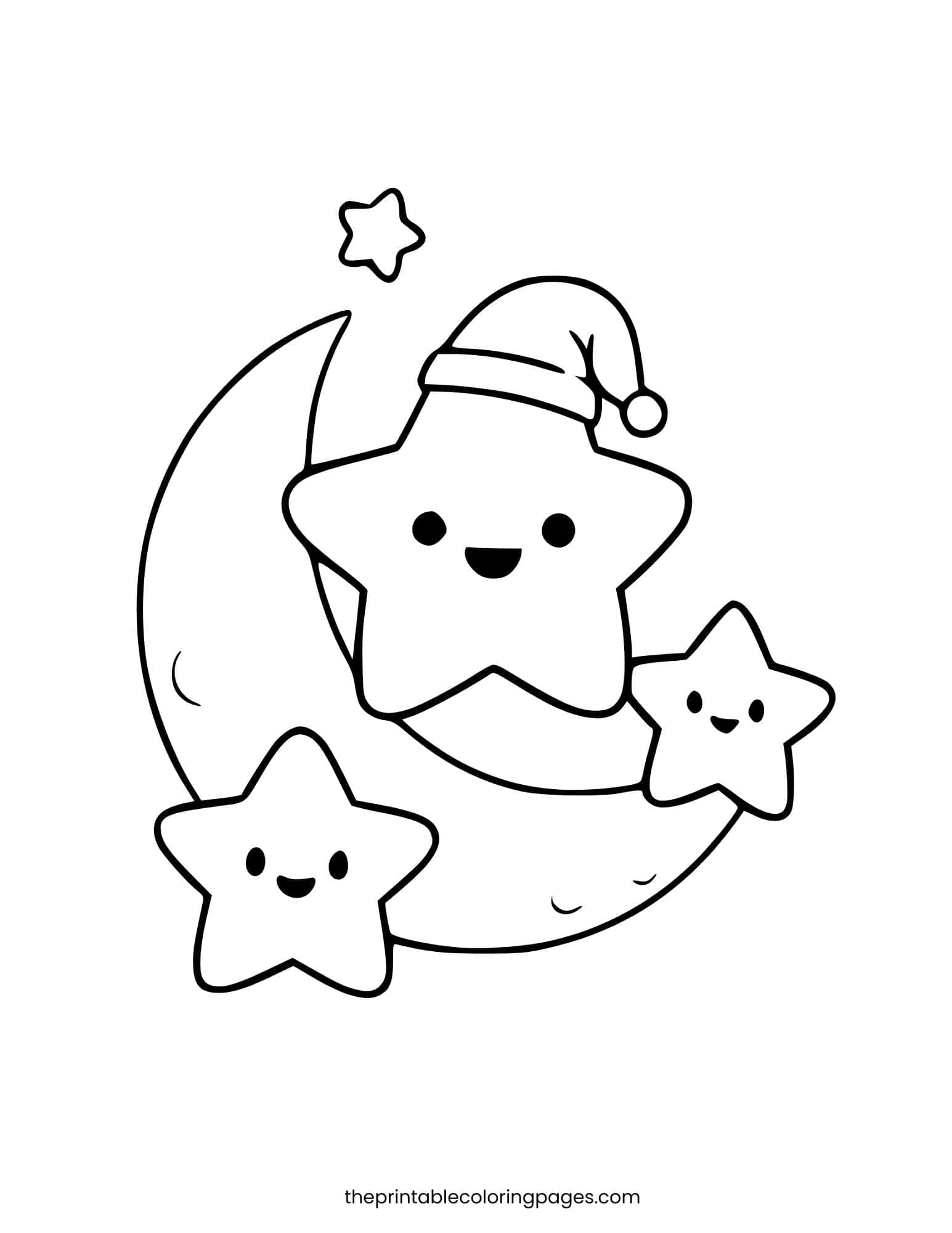 Simple star wearing a sleeping hat on a crescent moon, preschool-friendly design.