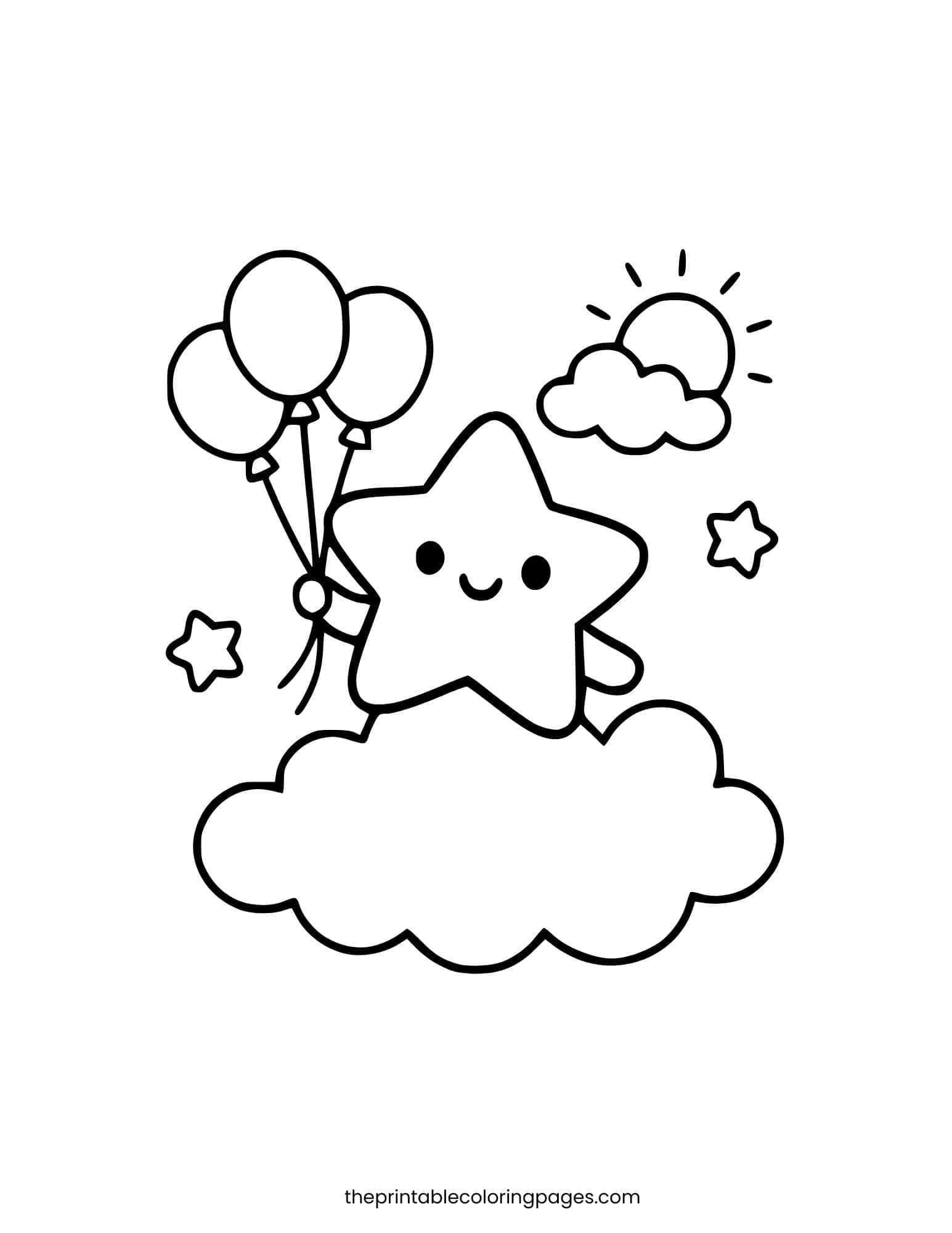 Cute star holding balloons on a cloud with thick outlines and a clean white background.