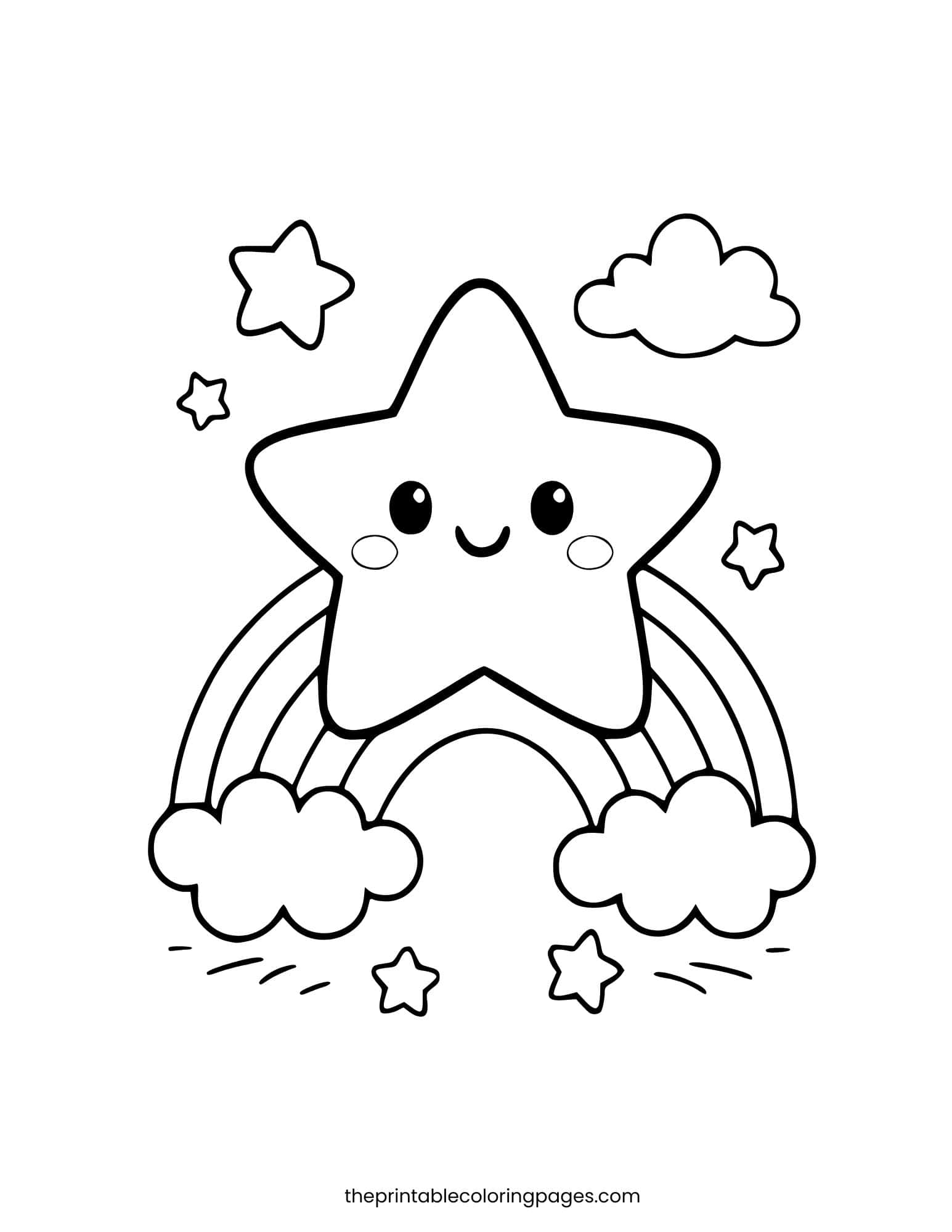 Cute star with rosy cheeks on a rainbow with small stars and clouds.