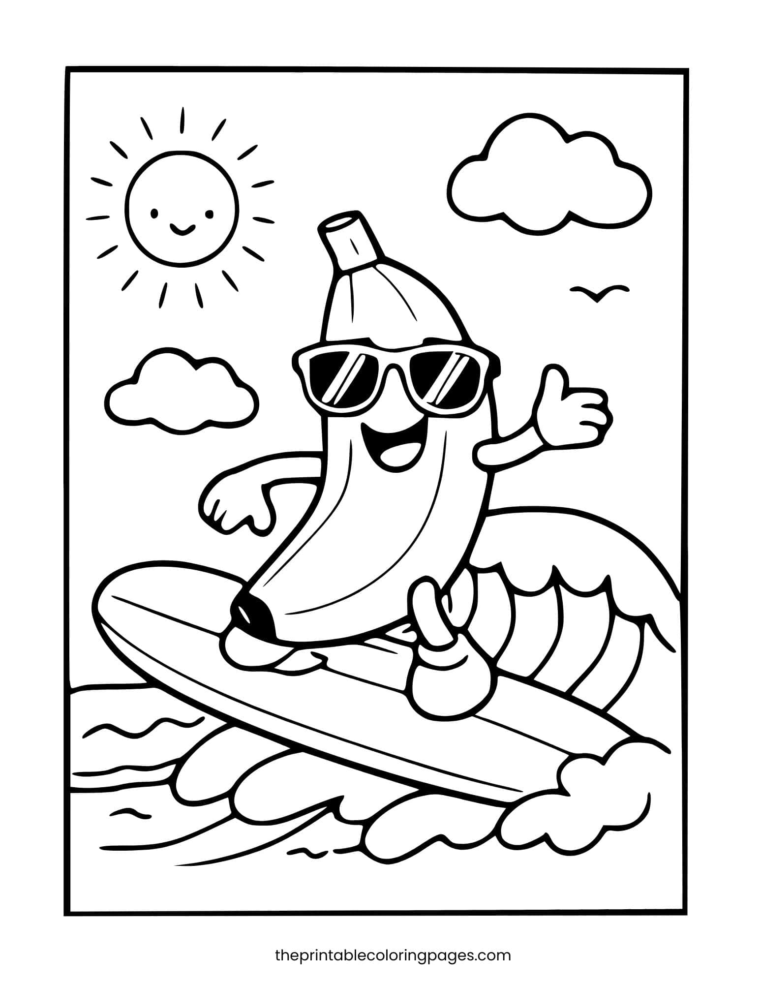 Cool banana character wearing sunglasses and surfing on a wave with simple outlines.