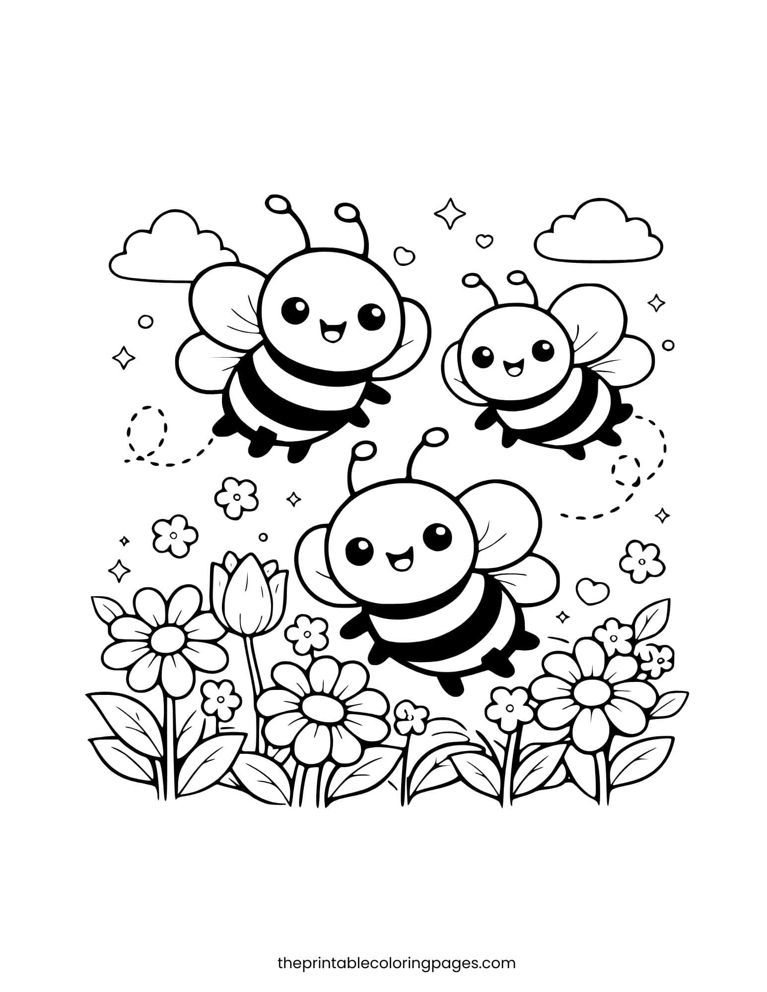 Three preschool-friendly bees flying over a garden.