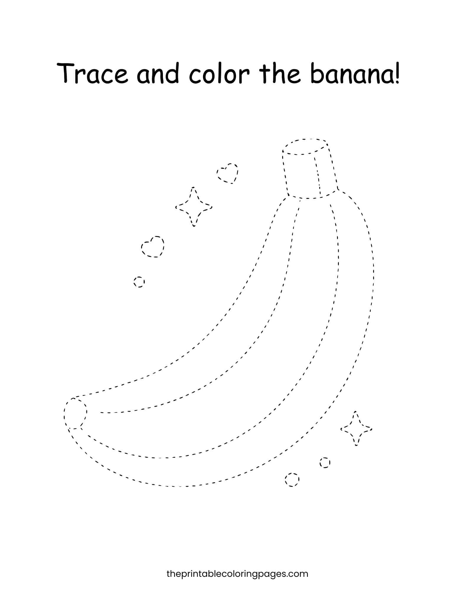 Banana tracing worksheet for toddlers with dashed lines and simple shapes.