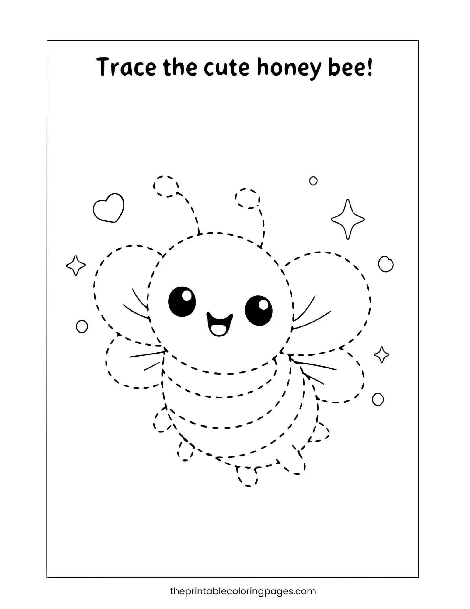 Dotted line bee for tracing practice on a clean white background.