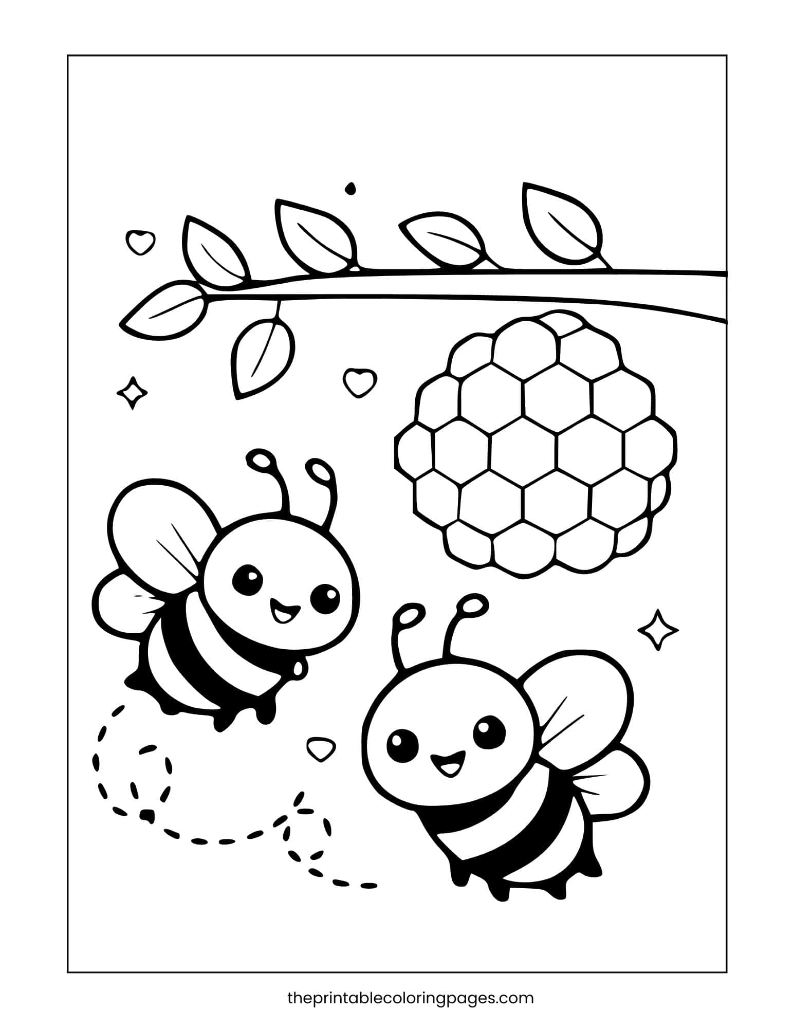 Two simple bees flying near a honeycomb on a branch.