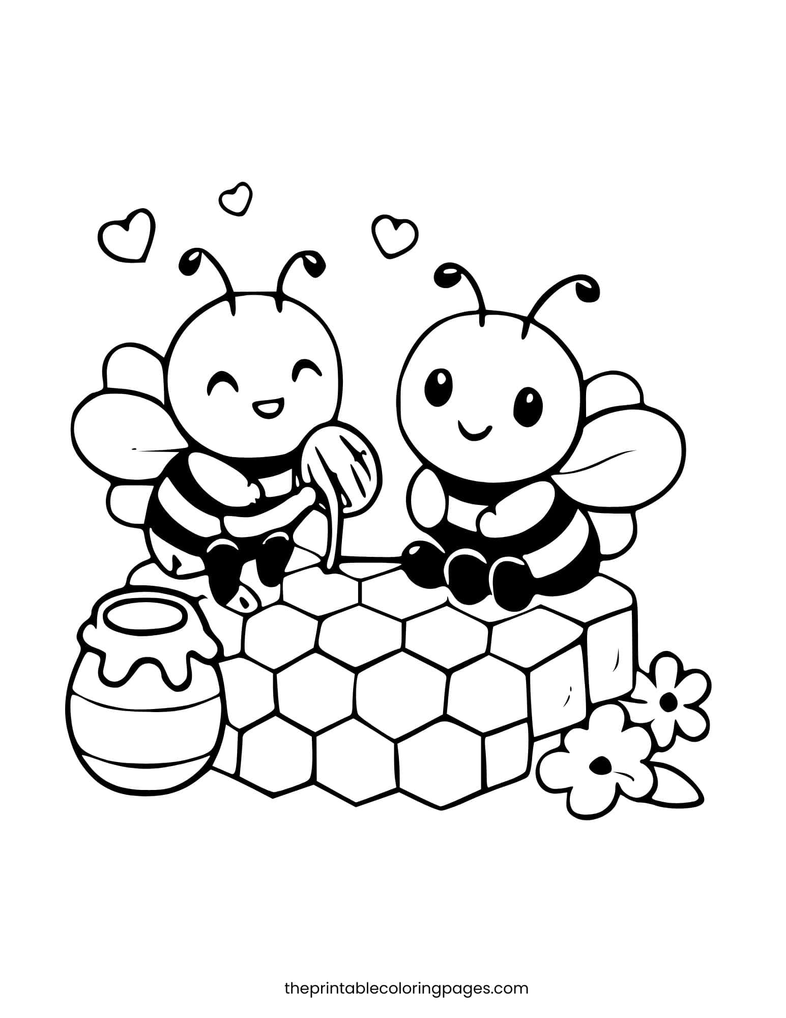 Two friendly bees sitting on a honeycomb with a honey jar.