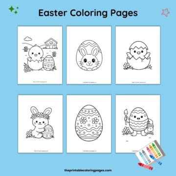 Collection of Easter coloring pages for kids featuring cute chicks, bunny in an Easter egg, decorated Easter eggs, and spring scenes designed for preschool and toddler coloring.