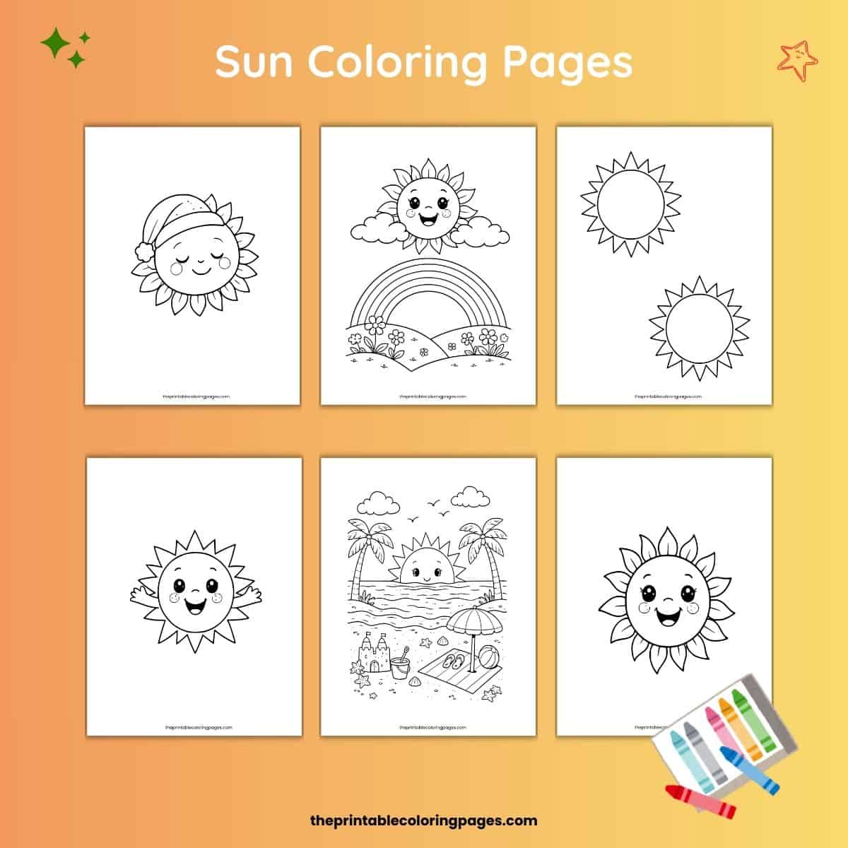 Collection of six cute sun coloring pages for kids featuring smiling suns, rainbow sun scene, beach sunset, and simple sun outlines for preschool and toddler coloring.