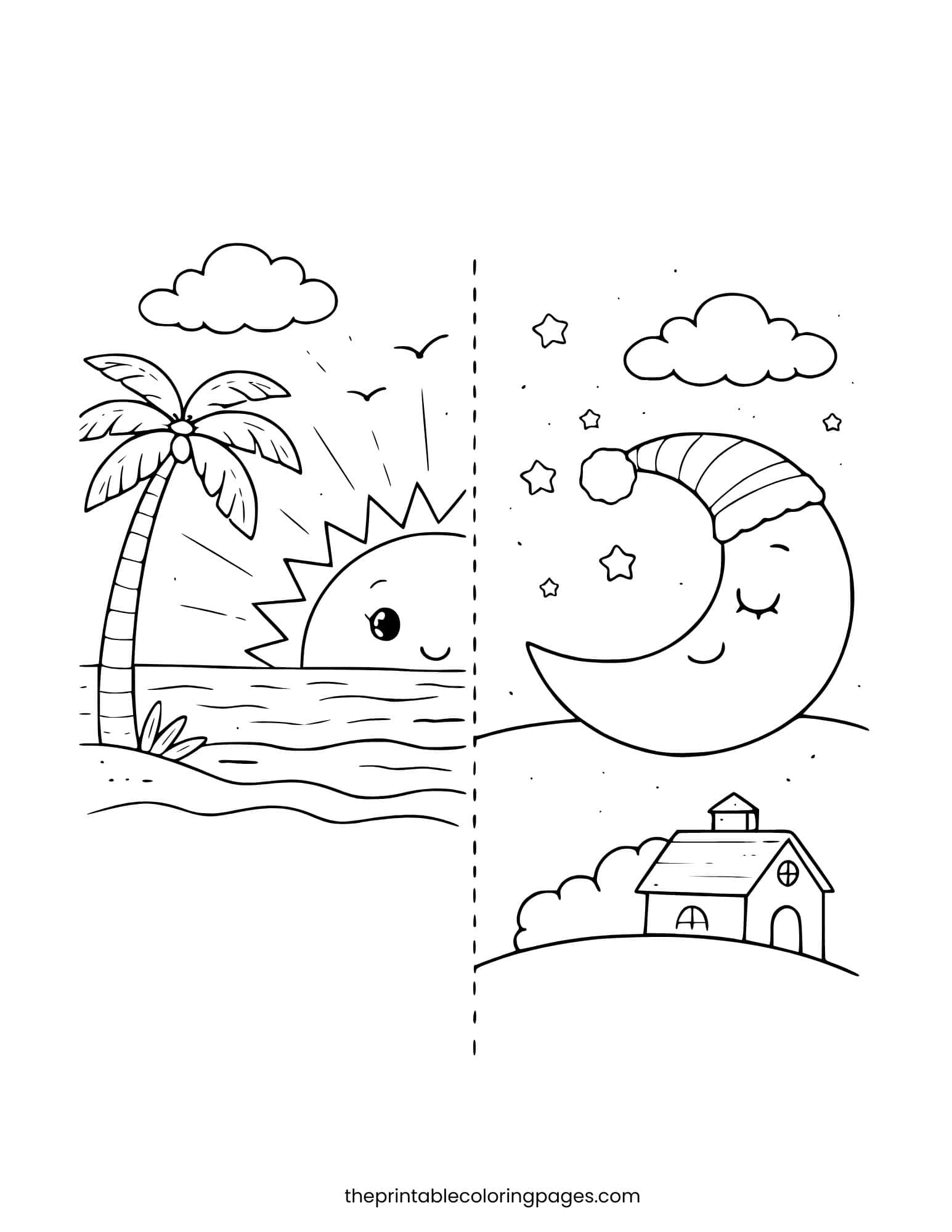 Split screen showing sun at the beach and moon over a house.