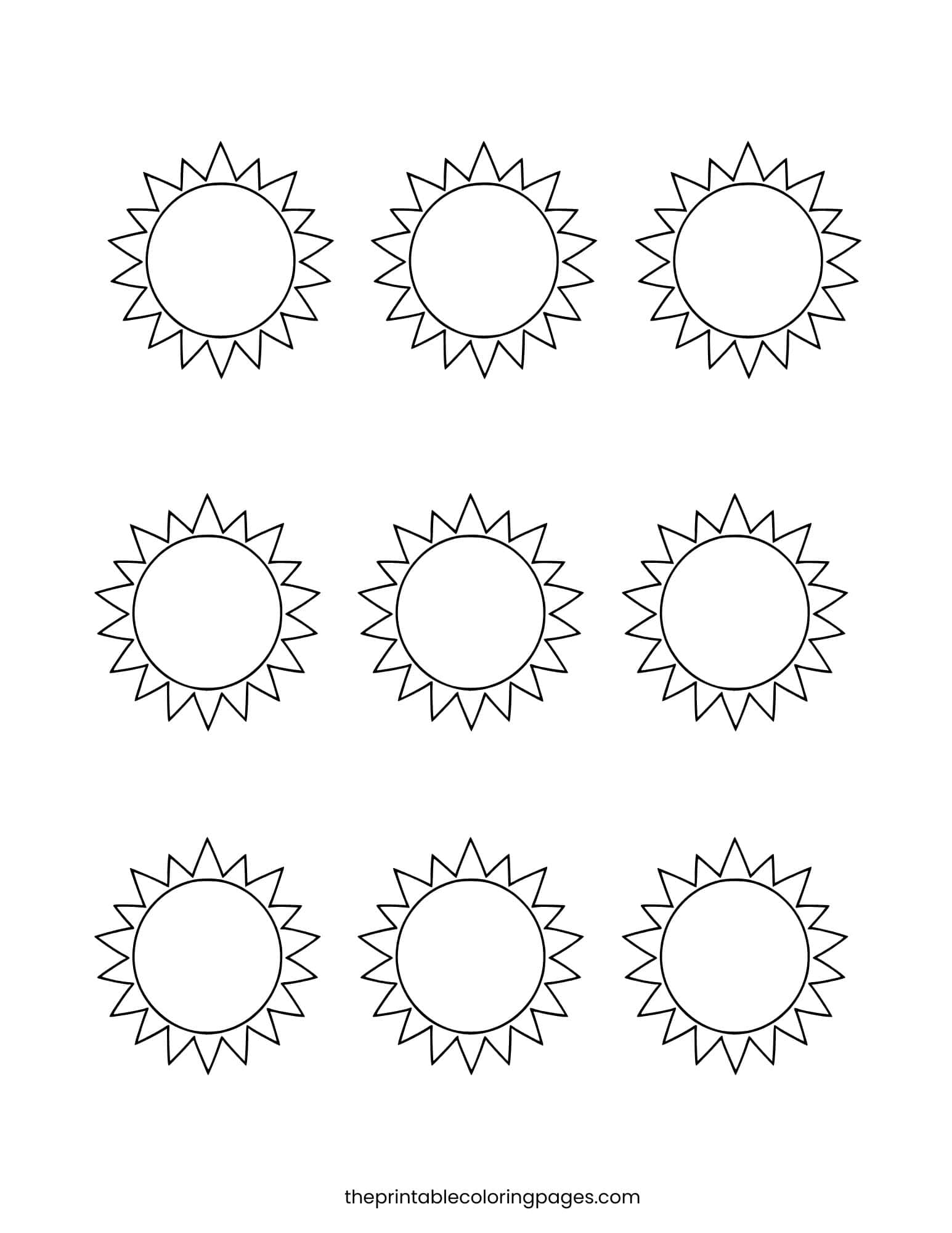 Nine tiny sun shapes in a grid for coloring or crafts.