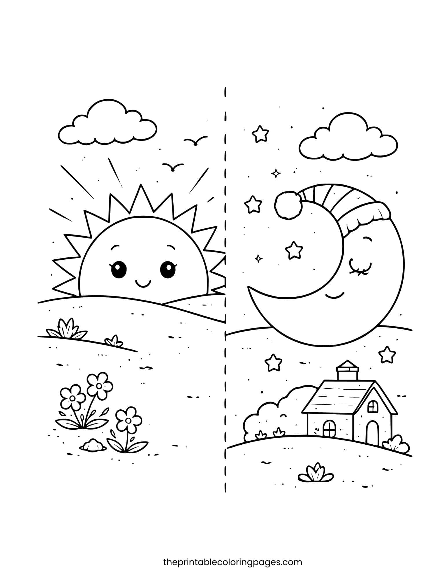 Simple split page with sun rising and moon sleeping.