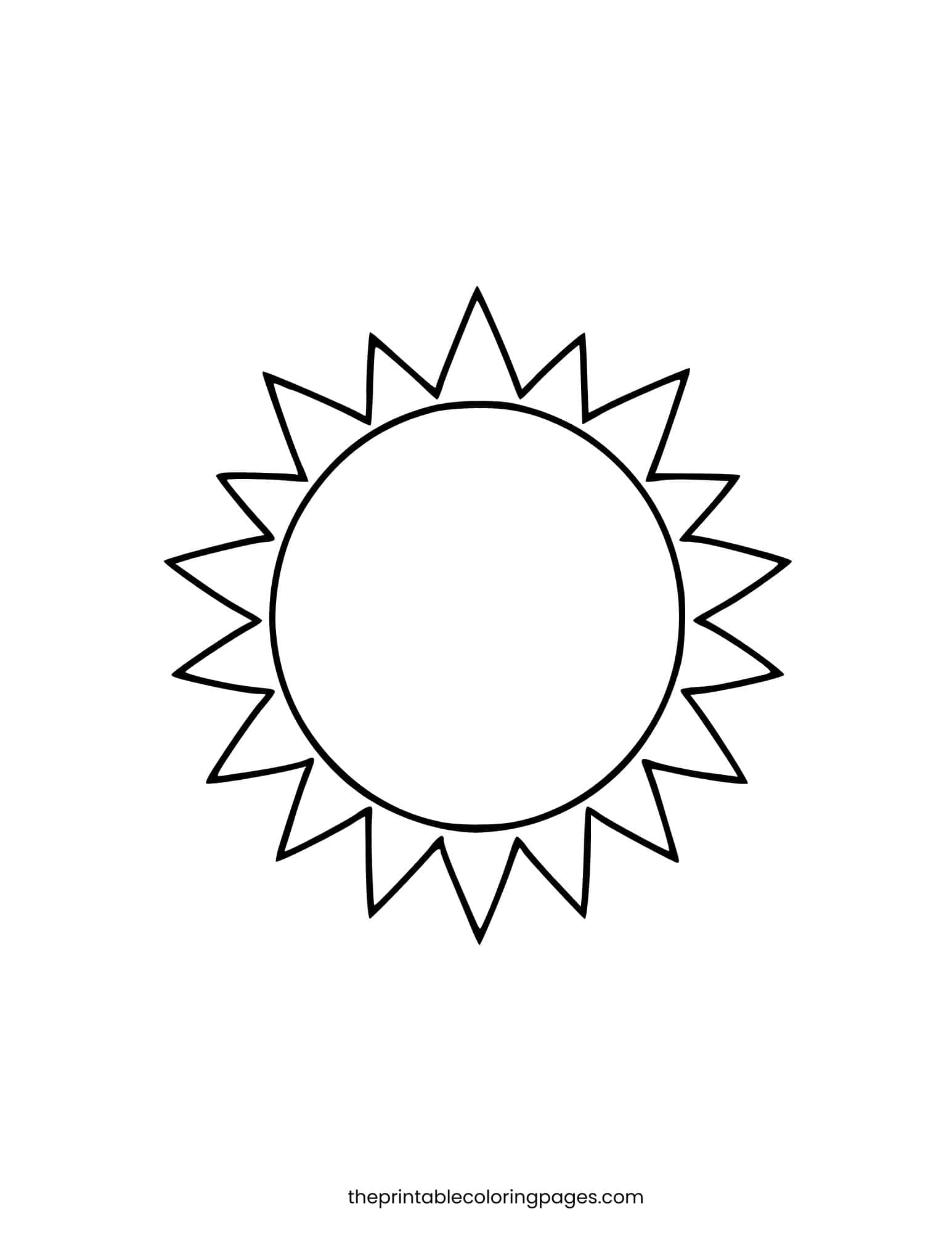 Simple sun with thick outlines and sharp rays on a white background.