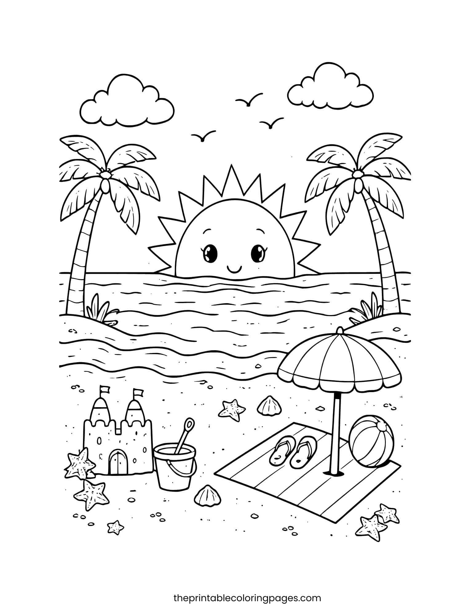 Detailed beach scene with sun, palm trees, and sandcastle.