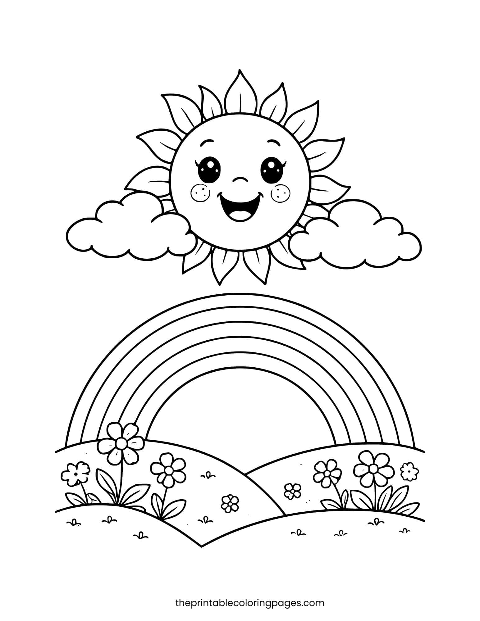 Happy sun in the sky with a rainbow and flowers.