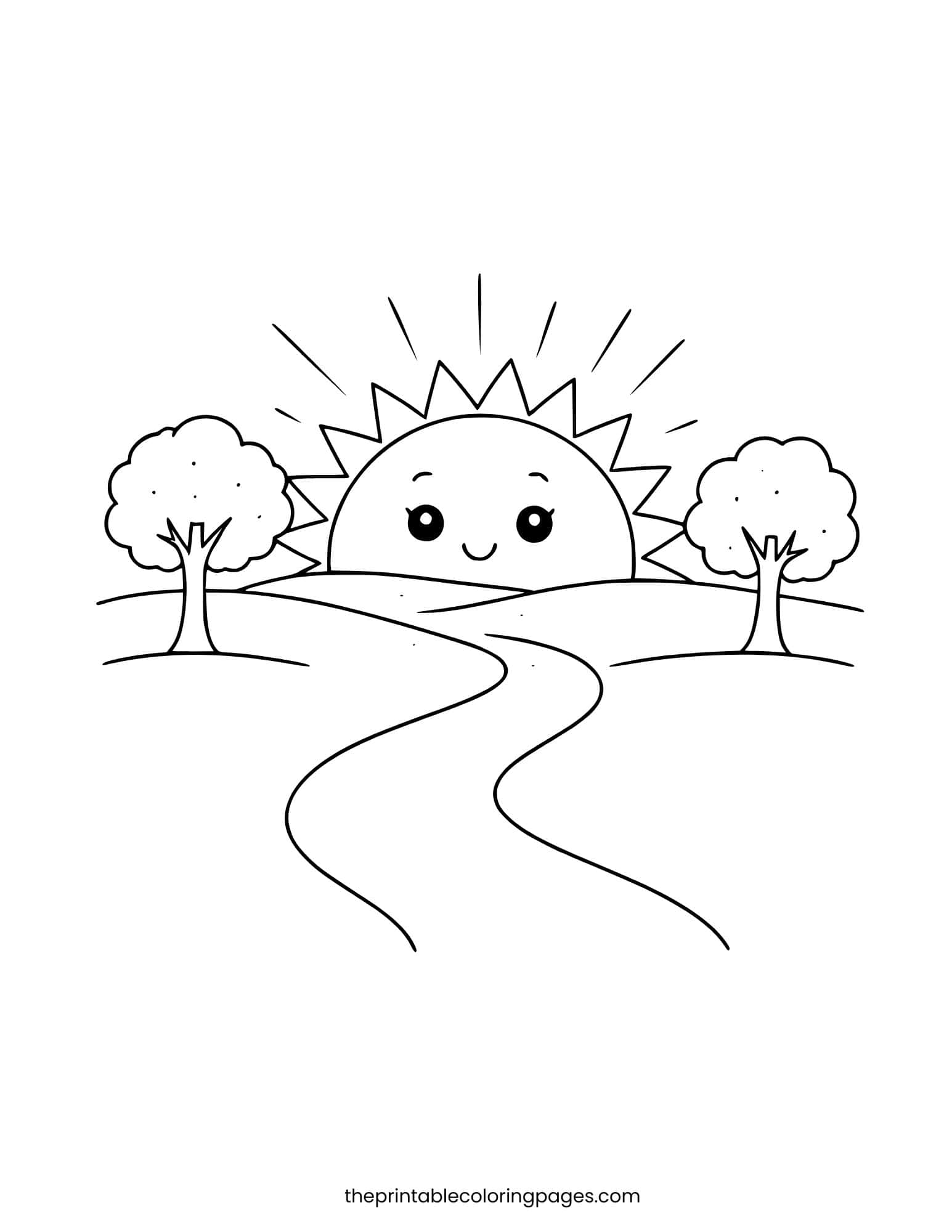 Simple landscape with a sun rising behind hills and trees.