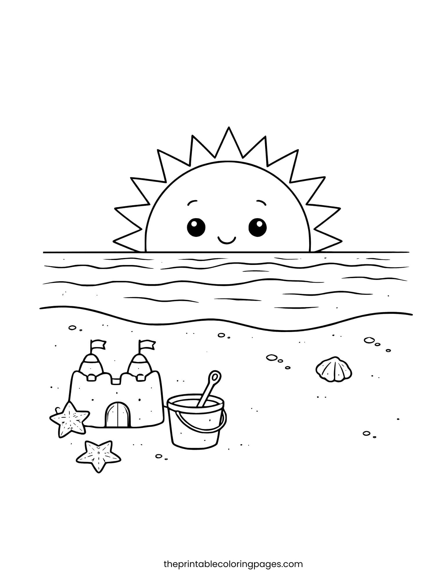 Sun setting over ocean waves with a sandcastle on the shore.