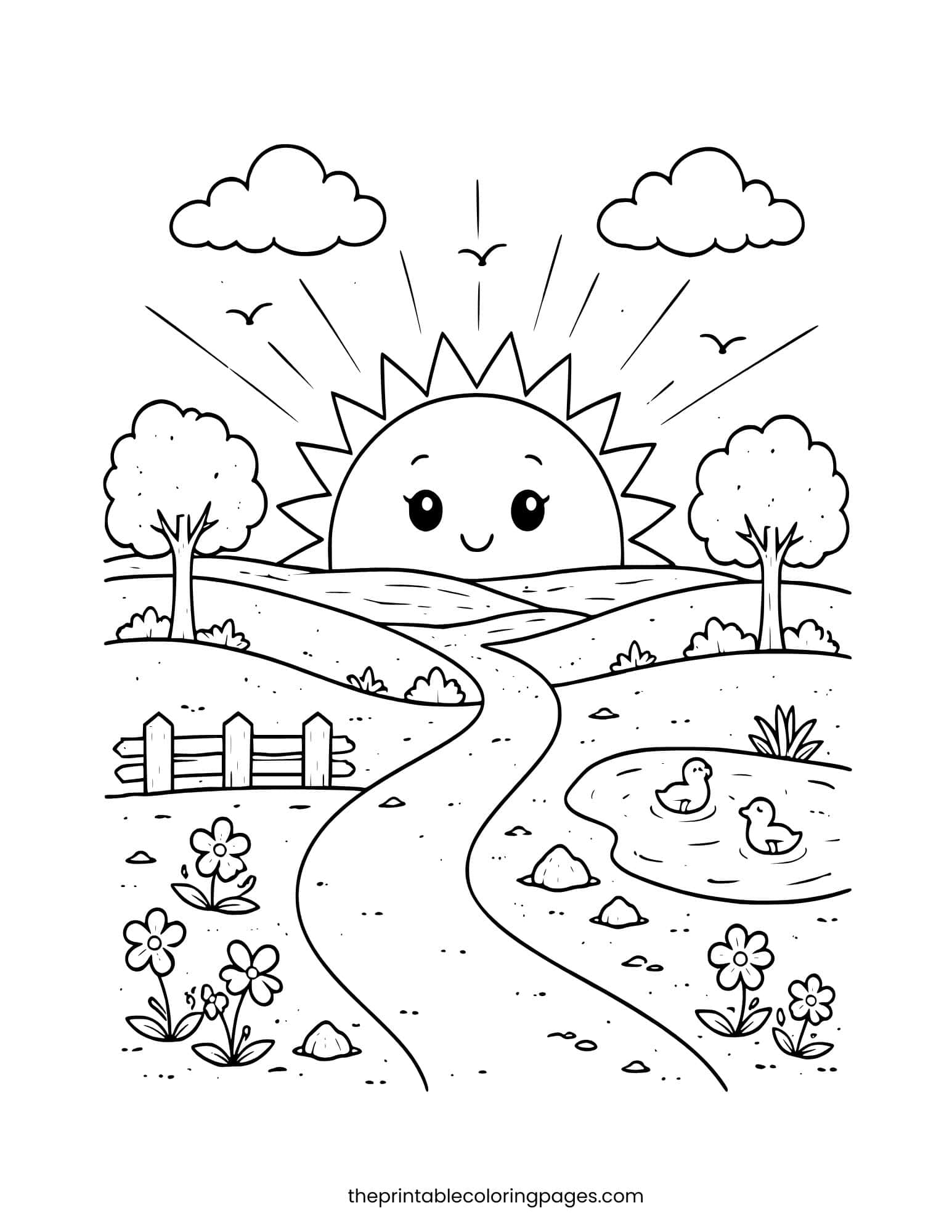 Sun over a farm with a path, pond, and ducklings.